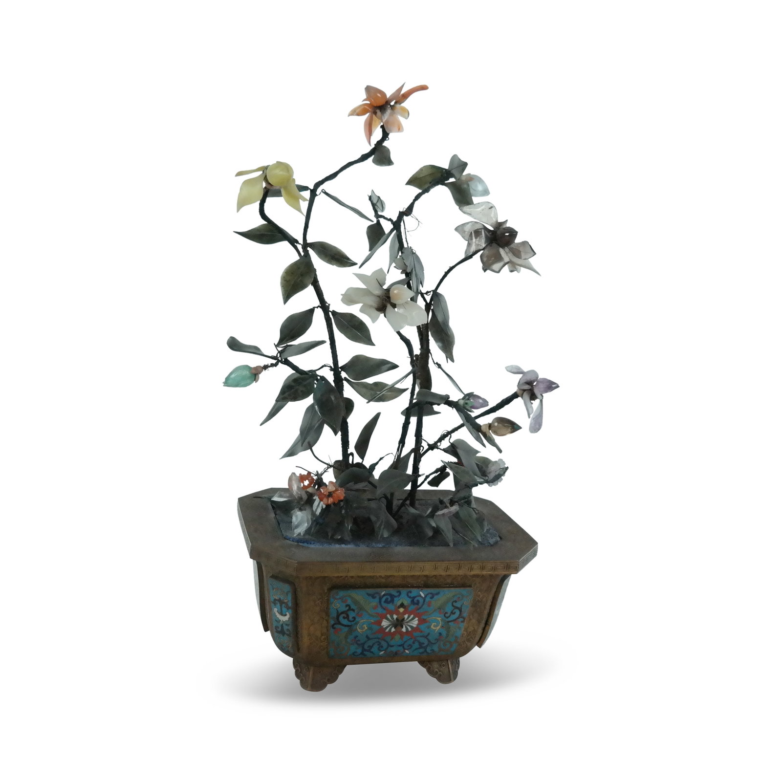 Chinese Specimen Stone Tree with Cloisonne Base: Chinese specimen stone tree, 20th century, with a pressed brass base mounted with cloisonne cartouches and with apocryphal Qianlong marks to underside. [19" H x 9" W x 6.5" D]. Condition is good with 
