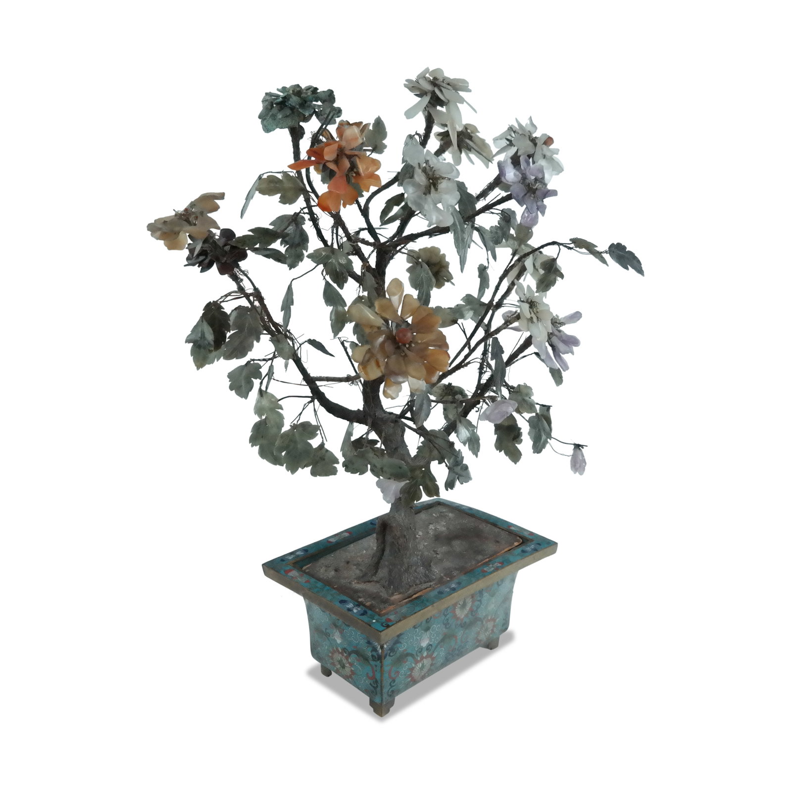 Chinese Specimen Stone Tree with Cloisonne Base: Chinese specimen stone tree, 19th/20th century, with stone and faux bois to upper, set within an elaborately decorated cloisonne base, unmarked. [23" H x 19" W x 12" D]. Condition is good with some