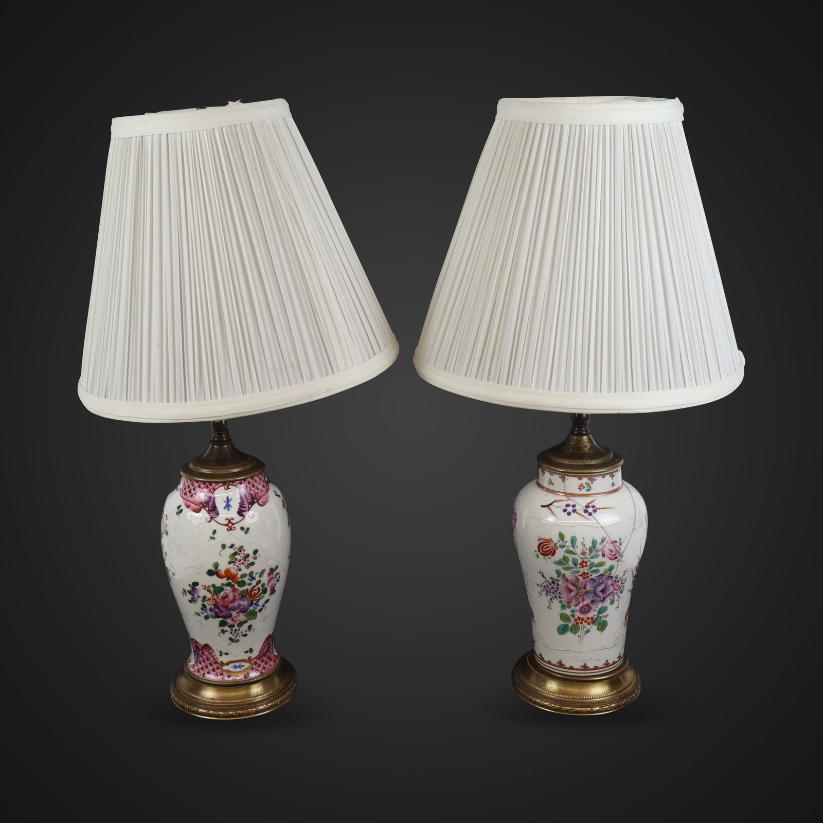 Two Samson Attributed Porcelain Vases as Lamps: Two porcelain vases attributed to Samson, 20th century, with floral and moriage decoration, mounted in gilt metal, bases obscured. [Taller vase, to lip: 9" H x 4.5" Diameter]. Condition to one is
