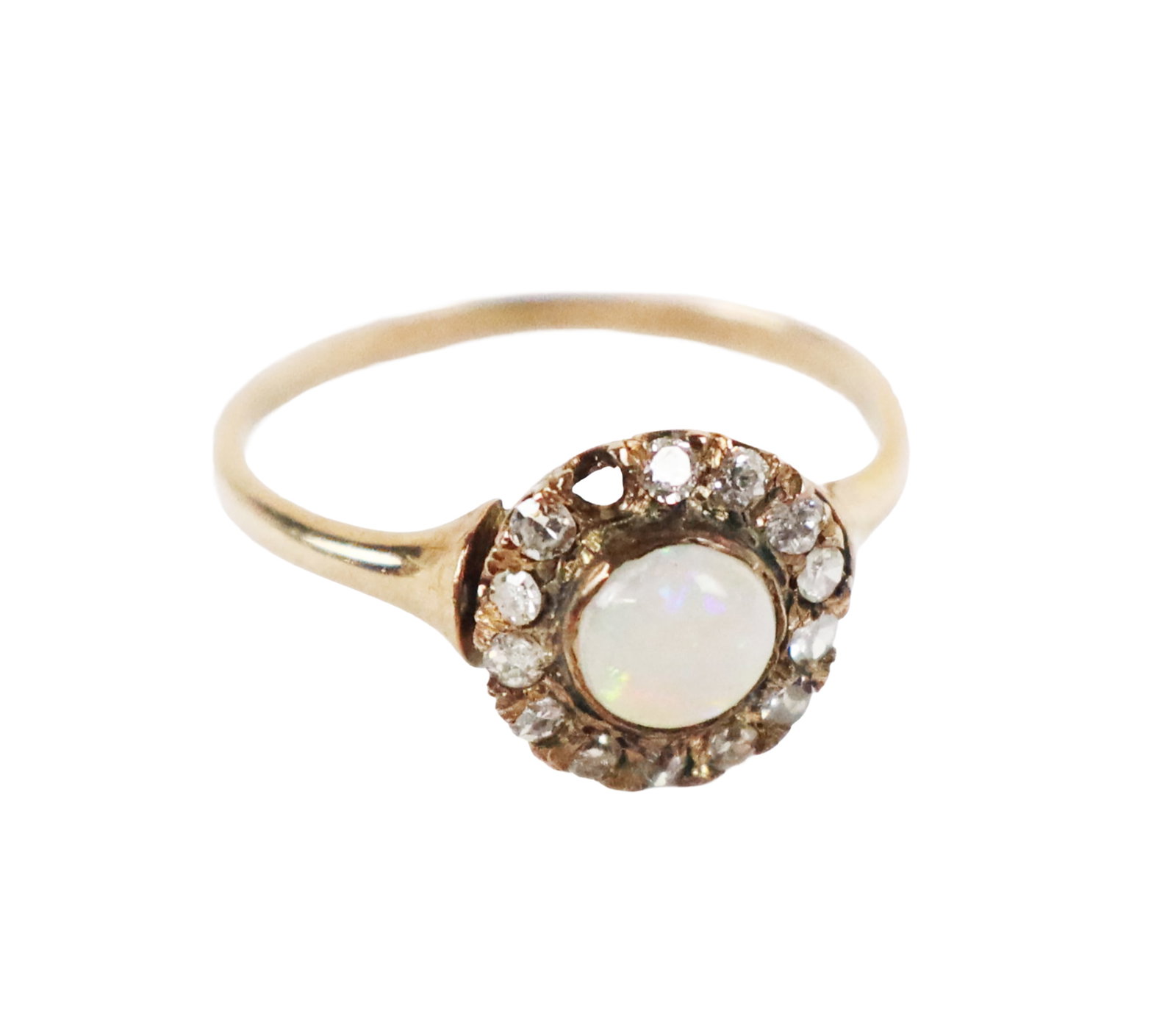 Antique Opal, Diamond and Gold Ring: Antique cabochon opal, diamond and 14K gold ring, marked "14K" on shank. [1.25 dwt., ring size: 6.75]. Overall condition is fair, one diamond deficient, sizing evident, shank slightly out of round.