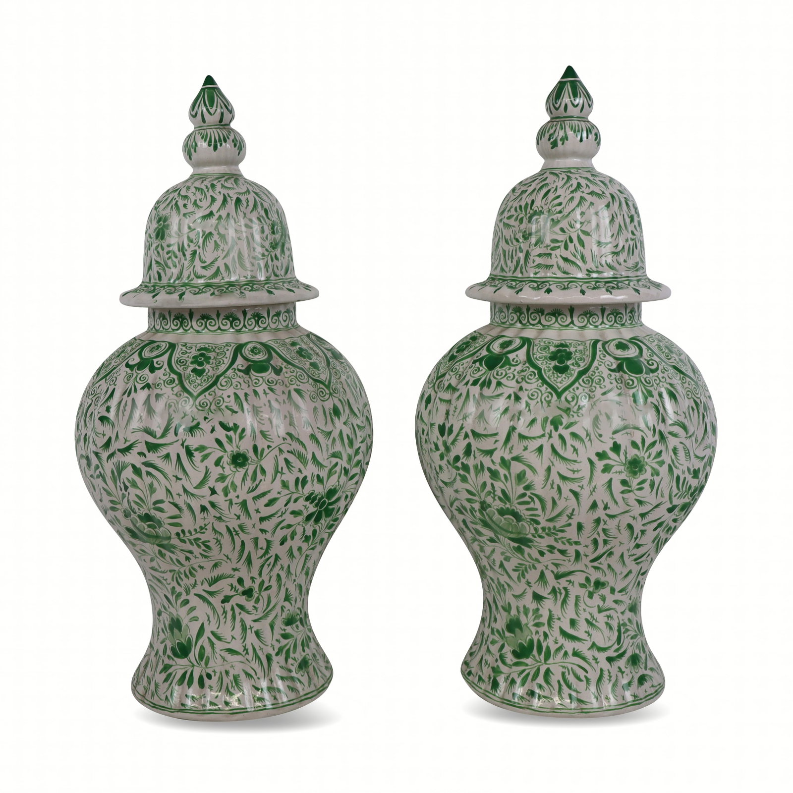 Pair of French Hand-Painted Faience Porcelain Urns: Pair of hand-painted faience porcelain urns, early 20th century, with hand-painted floral and leaf decoration, each marked France to base with a further mark. [15" H x 7" Diameter]. Condition to each