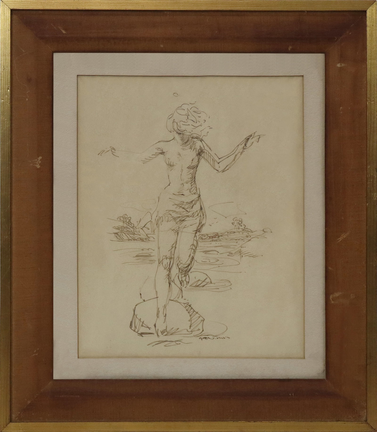 Louis SANGUINO Sepia Drawing: Louis Sanguino, Sepia drawing of a semi nude female running over a rock in a field. Signed lower middle and noted on backing. [13" x 10"; 20" x 17"]. Foxing and warping of paper.