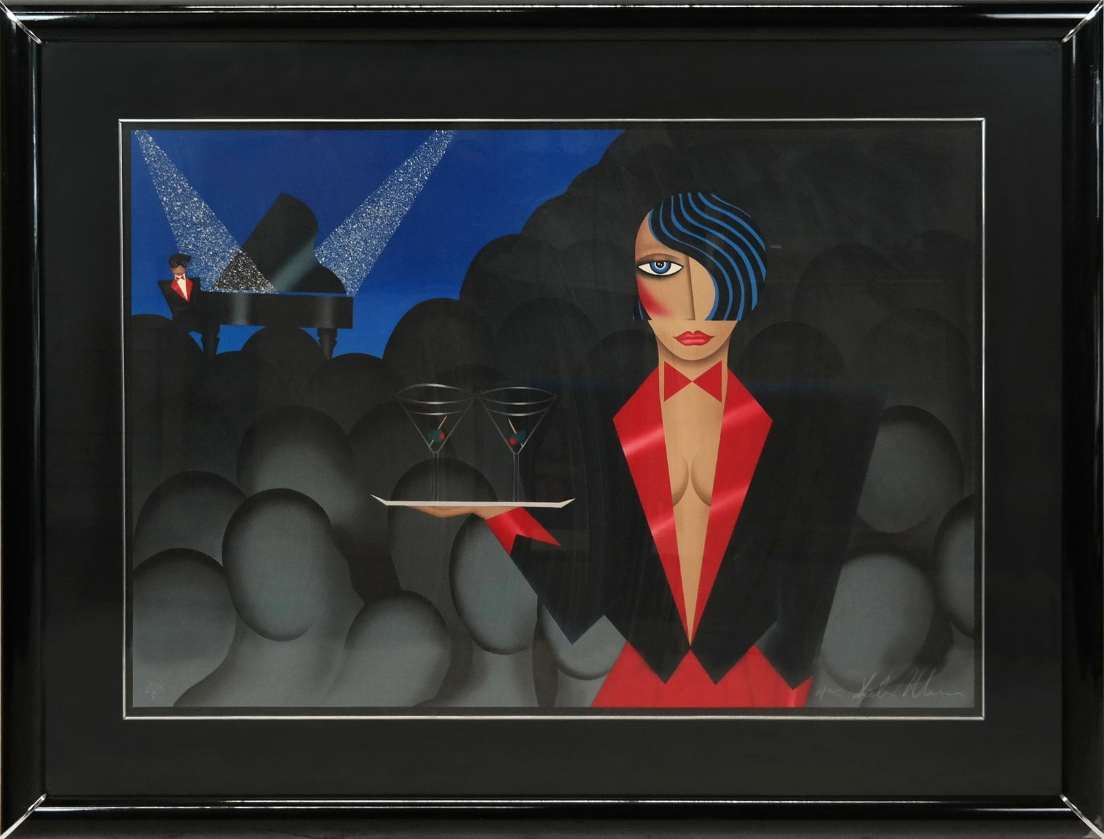 Robin MORRIS Lithograph - Cocktail Waitress: Robin MORRIS (Amer. b. 1953) Lithograph, Cocktail waitress in black and red, with piano player. Signed lower right, 11/350 raised seal. [27" x 39"; 39" x 51"]. Fine condition.