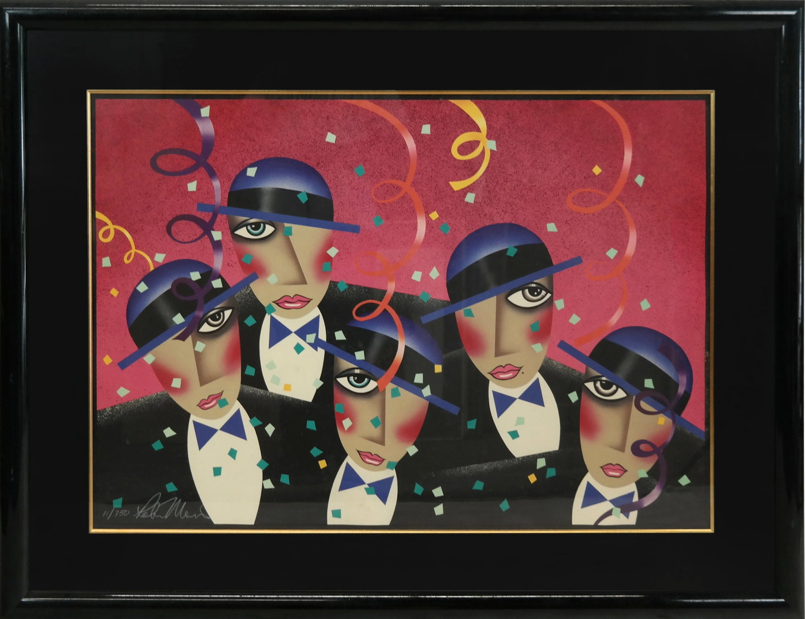 Robin MORRIS Lithograph - 5 Figures: Robin MORRIS (Amer. b. 1953) Lithograph, 5 figures with bowties, with confetti flying. [27" x 39"; 39" x 51"] Fine condition.