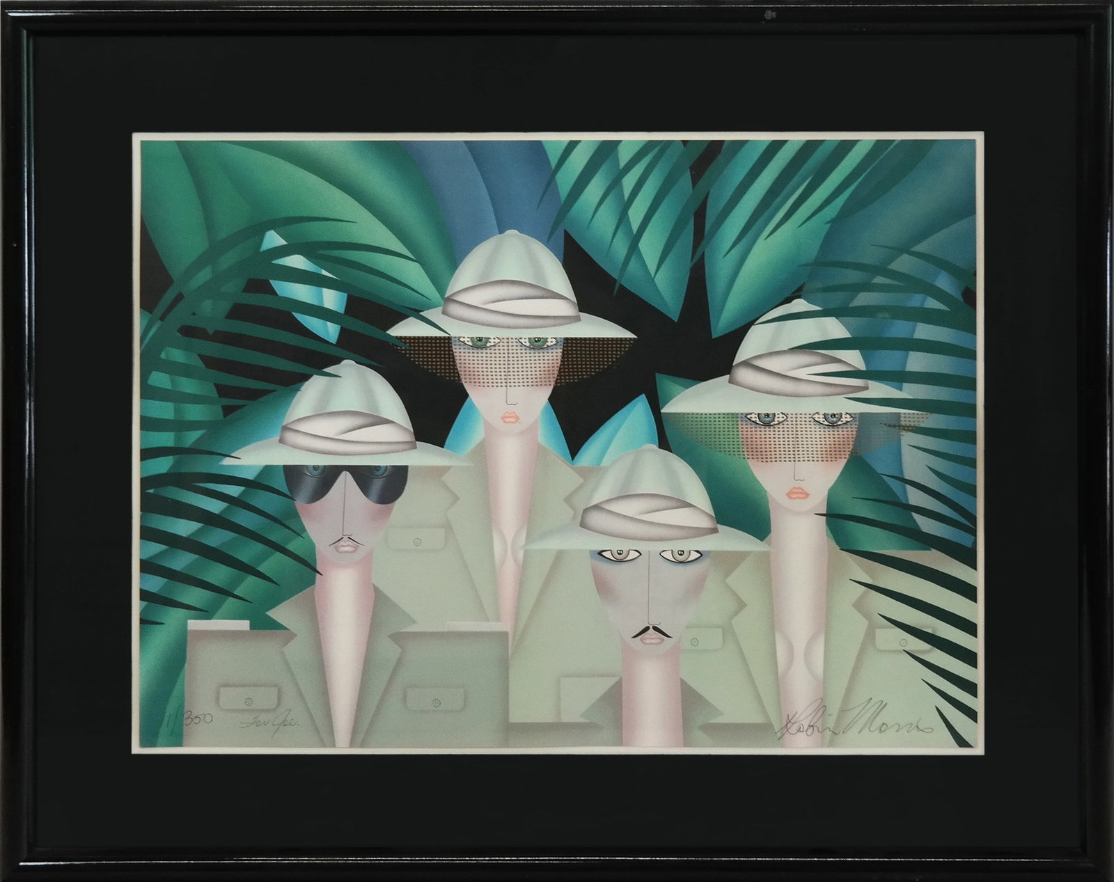 Robin MORRIS Lithograph - Jungle Theme: Robin MORRIS (Amer. b. 1953) Lithograph, Jungle theme of 4 figures in pith helmets. Signed lower right, 11/350 and written "for Joe". [21" x 29"; 31" x 39"]. Fine condition, frame has blemishes.