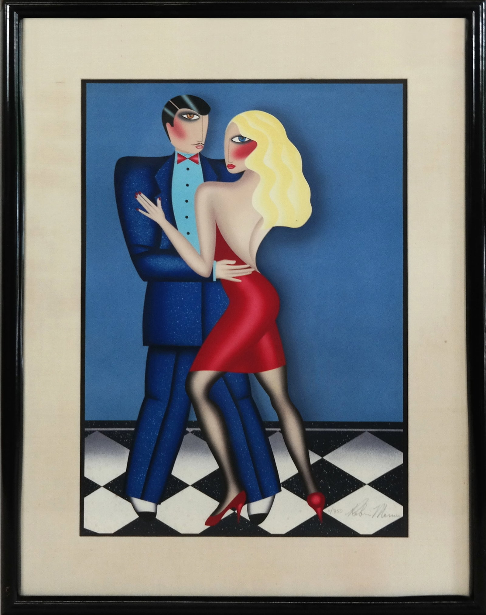 Robin MORRIS Lithograph - Man and Woman: Robin MORRIS (Amer. b. 1953) Lithograph, man and woman in blue and red. Signed lower right, 11/350. [29" x 21"; 39" x 31"]. Spotty on lower part, matting spotty, frame blemishes.