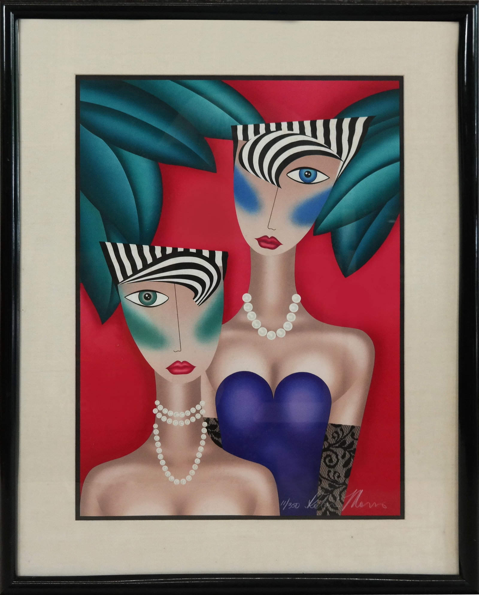 Robin MORRIS Lithograph - 2 Women: Robin MORRIS (Amer. b. 1953) Lithograph, 2 women with pearls and strapless dresses in jungle theme, Signed lower right, 11/350. [29" x 21"; 39" x 31"]. Fine condition, frame peeling.