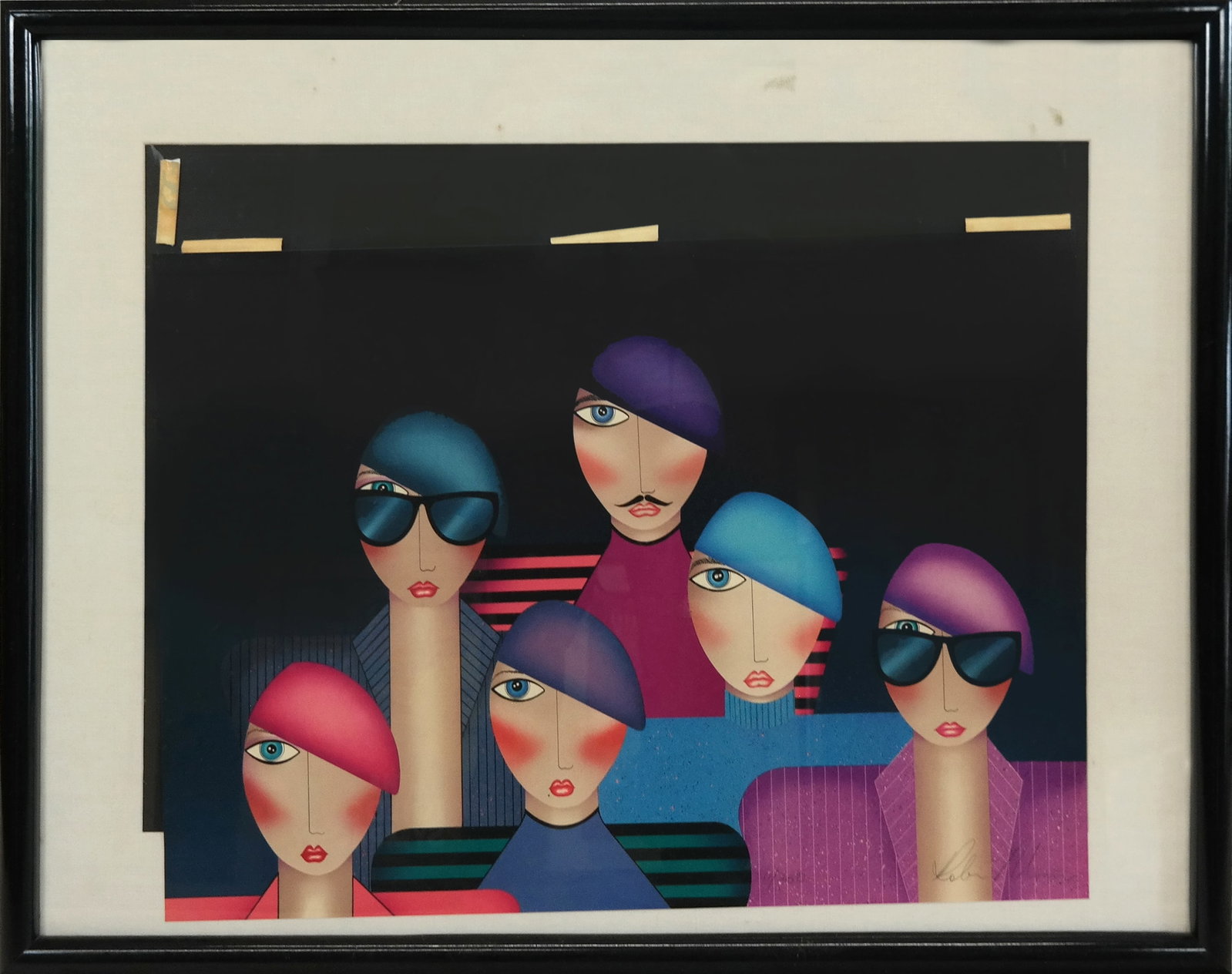 Robin MORRIS Lithograph - French Theme: Robin MORRIS (Amer. b. 1953) Lithograph, French theme of six figures in bust heights, all wearing berets. Signed lower right, 11/350. [21" x 29"; 31" x 39"]. Image in fine condition, falling from