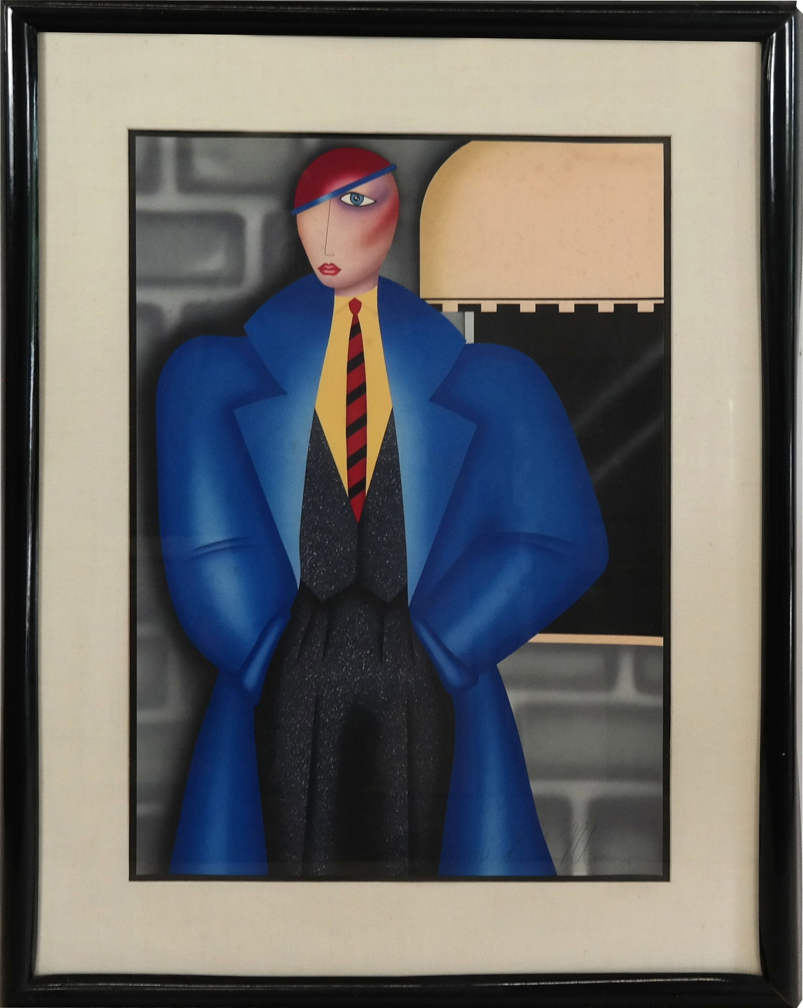 Robin MORRIS Lithograph - Figure in Gray: Robin MORRIS (Amer. b. 1953) Lithograph, standing figure in gray and blue zoot suit wearing beret. Signed lower right, [29" x 21"; 41" x 32"]. Good condition, frame peeling.