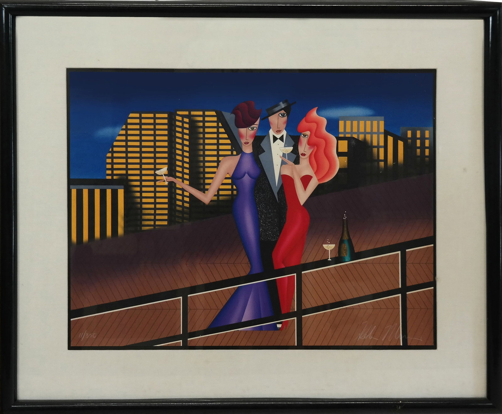 Robin MORRIS Lithograph - 3 Figures: Robin MORRIS (Amer. b. 1953) Lithograph, 3 figures in elegant dress, women in long dresses in red and purple, on a deck overlooking city. Signed lower right, 11/350. [21" x 29"; 31" x 39"]. Fine condi