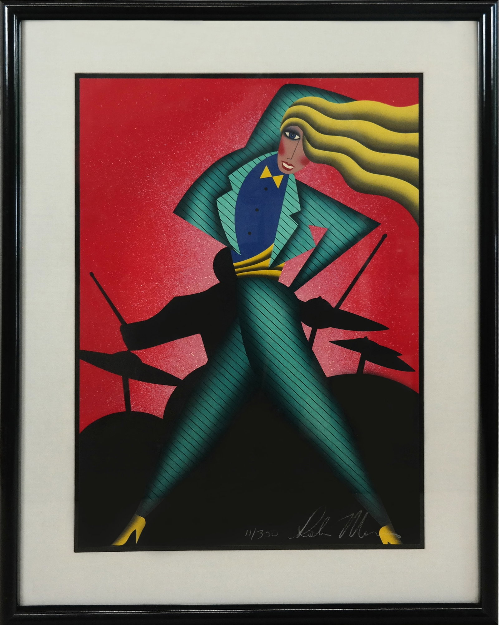 Robin MORRIS Lithograph - Zoot Suit: Robin MORRIS (Amer. b. 1953) Lithograph, blonde woman in green zoot suit with drummer silhouette behind. Signed lower right, 11/350.[29" x 21"; 39" 31"]. Fine condition, matting spotty, frame peeling.