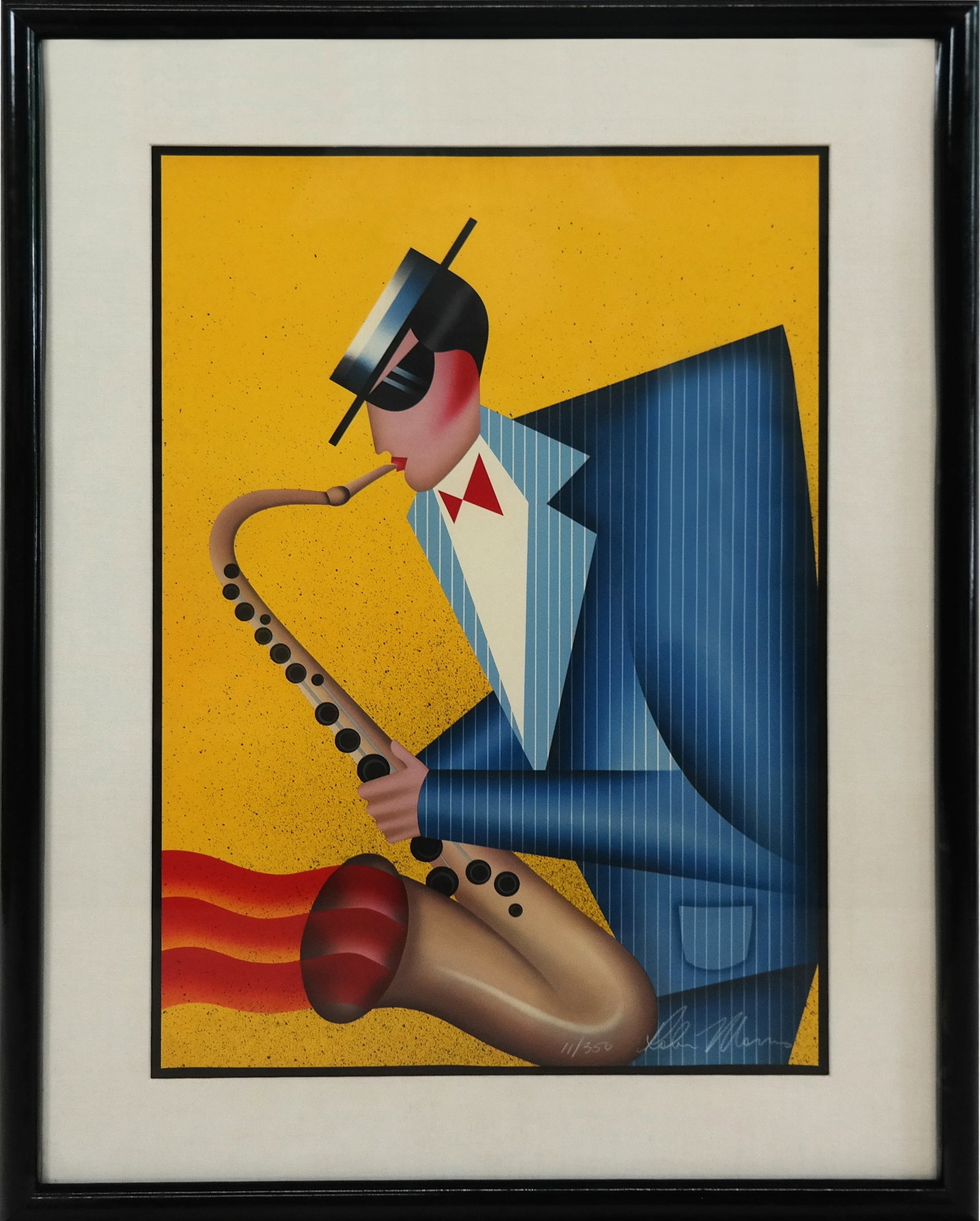 Robin MORRIS Lithograph - Sax Player: Robin MORRIS (Amer. b. 1953) Lithograph, sax player in blue striped suit. yellow background. Signed lower right, 11/350. [29" x 21"; 39" x 31"]. Fine condition, frame peeling.