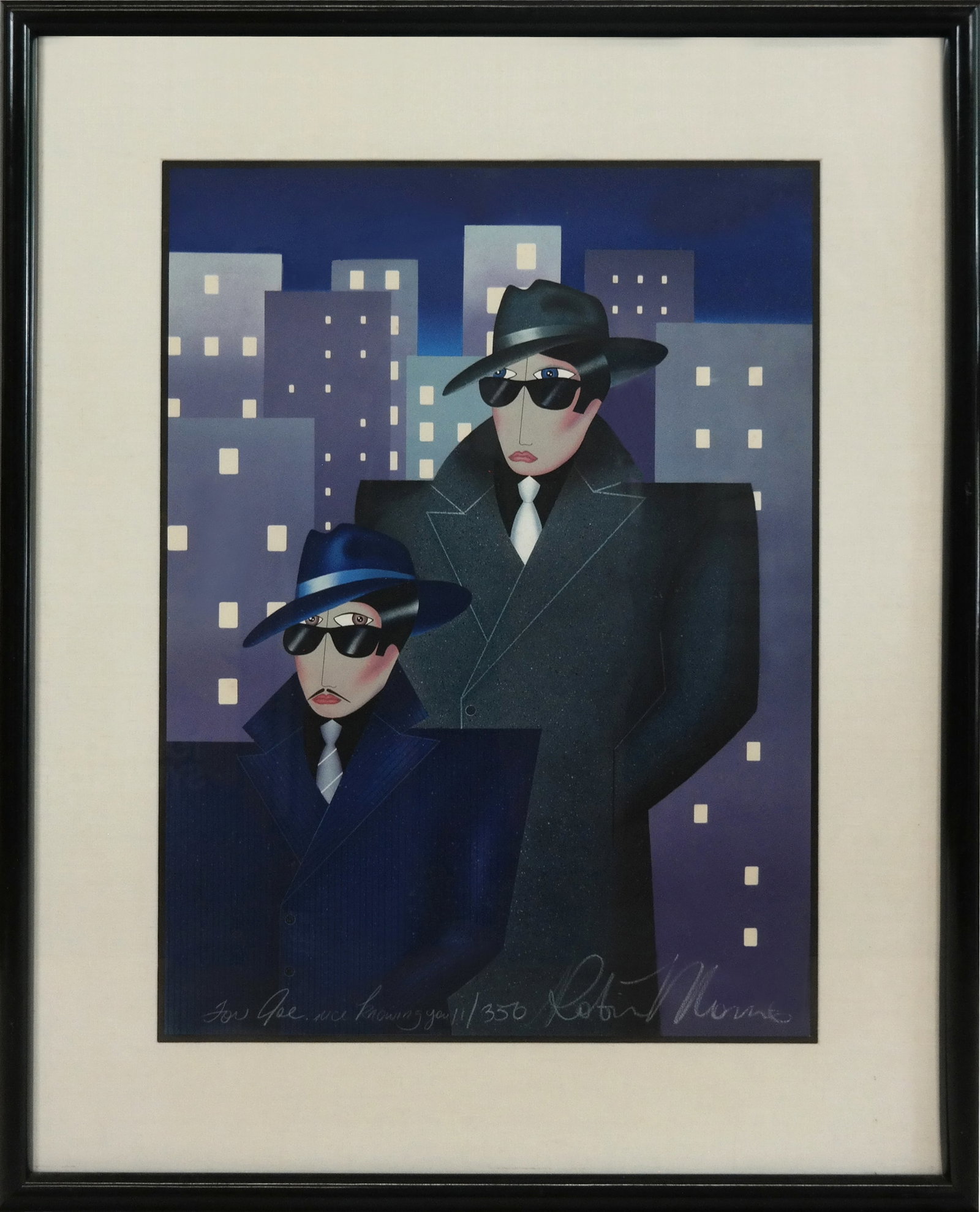 Robin MORRIS Lithograph Gangsters: Robin MORRIS (Amer. b. 1953) Lithograph, gangster theme 2 figures in dark suits with fedoras and sunglasses. Signed lower right, 11/350, Noted "for Joe, nice knowing you". [29" x 21"; 41" x 31"].