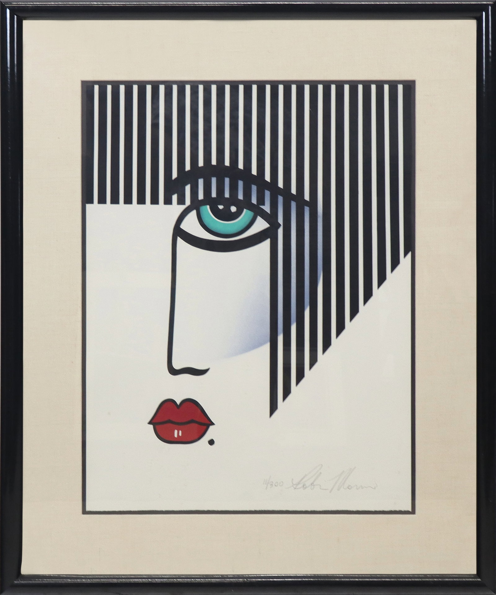 Robin MORRIS Lithograph - Closeup: Robin MORRIS (Amer. b. 1953) Lithograph, Woman's face in closeup of right eye and lips Signed lower right, 11/300. [27" x 20"; 38" x 31"]. Fine condition, frame peeling.