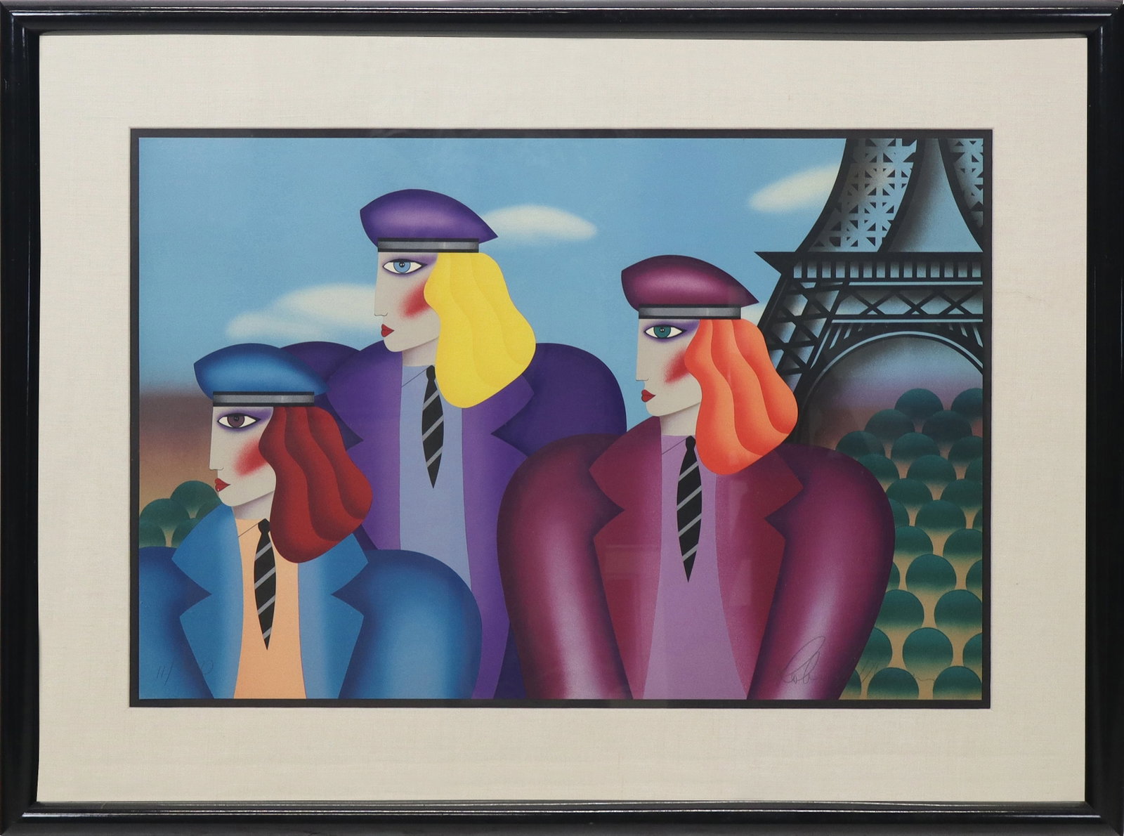 Robin MORRIS Lithograph - Eiffel Tower: Robin MORRIS (Amer. b. 1953) Lithograph, French theme of three women in profile, wearing berets, next to Eiffel Tower. Signed lower right, 11/350. [20" x 29"; 29" x 39"]. Fine condition, frame peeling