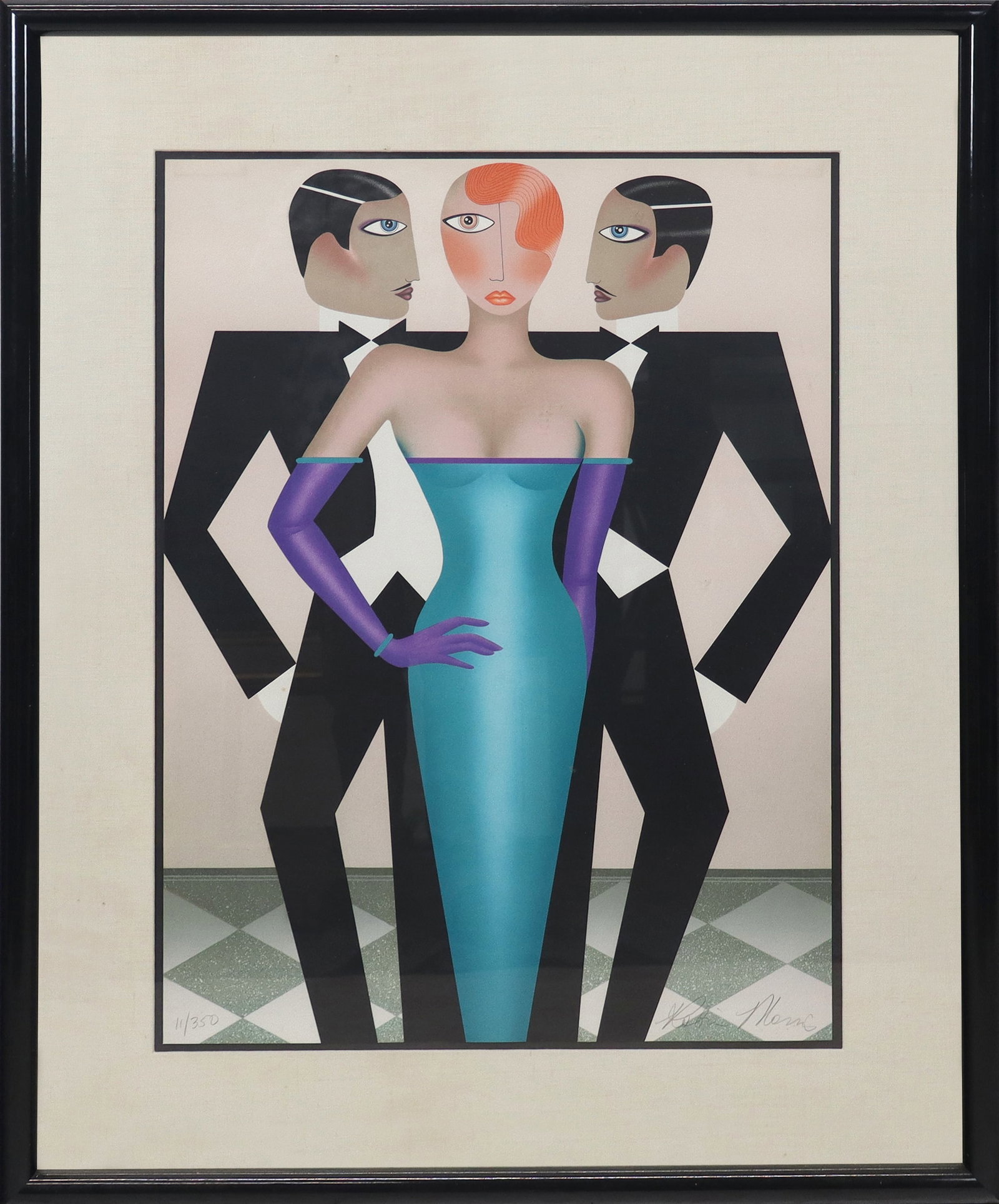Robin MORRIS Lithograph - Material Girl: Robin MORRIS (Amer. b. 1953) Lithograph, Three elegantly dressed figures, 2 men in tuxedos and a woman in green strapless dress and purple long gloves (Material Girl-esque). Signed lower right, 11/350