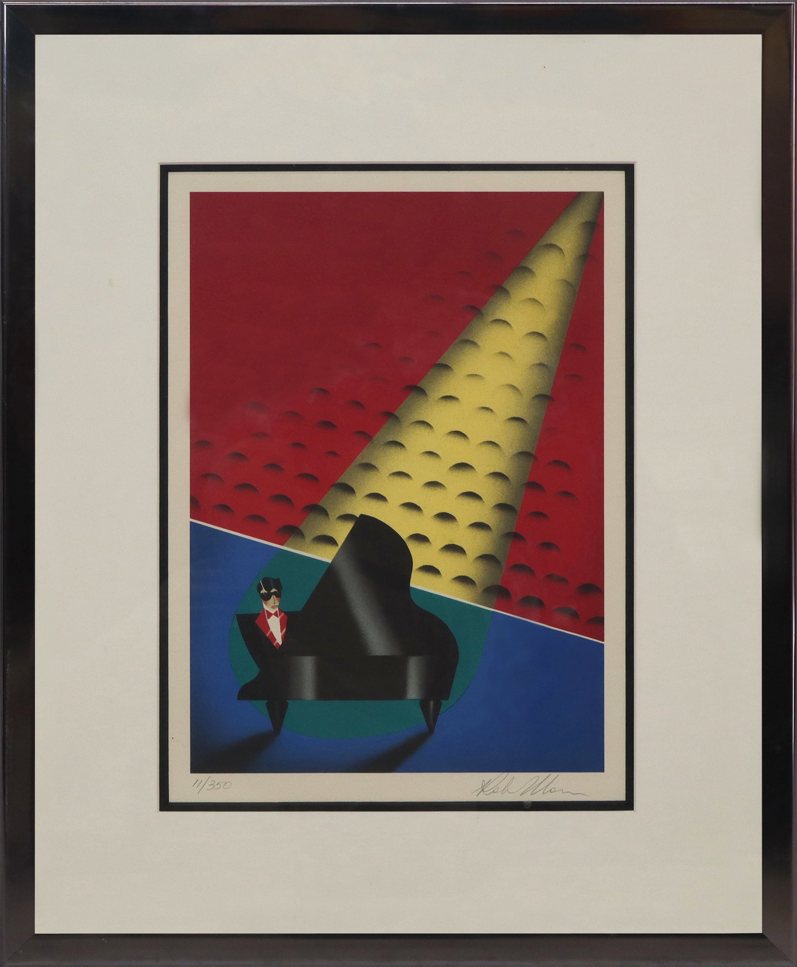 Robin MORRIS Lithograph - Pianist: Robin MORRIS (Amer. b. 1953) Lithograph of a piano player in colorful background. Signed lower right, 11/350. [14" x 10"; 22" x 18"]. Image in fine condition, matting with water damage.