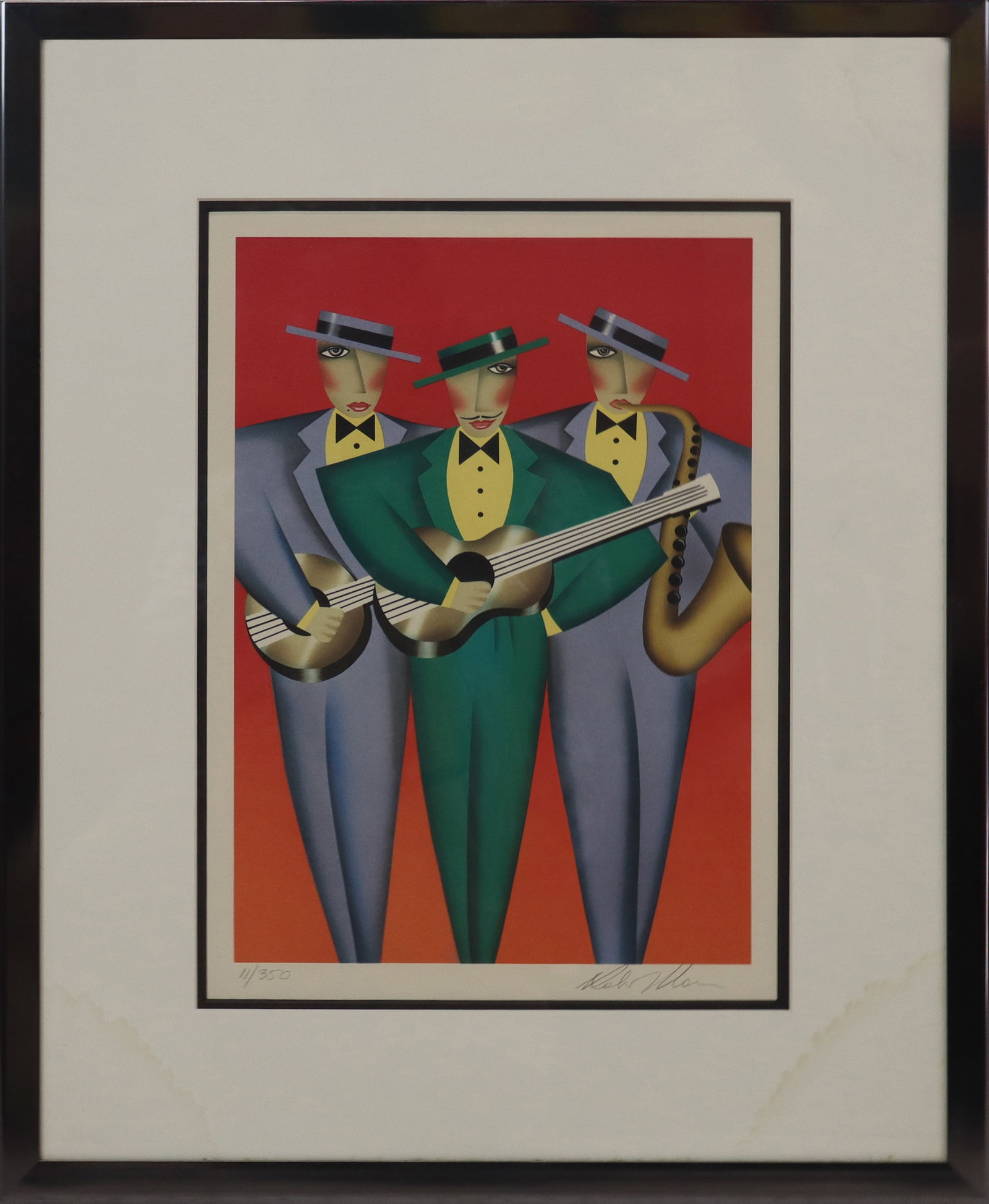 Robin MORRIS Lithograph - 3 Musicians: Robin MORRIS (Amer. b. 1953) Lithograph of 3 musicians, 2 with guitars and one with sax. Signed lower right, 11/350. [14" x 10"; 22" x 18"]. Image in fine condition, matting with water damage.