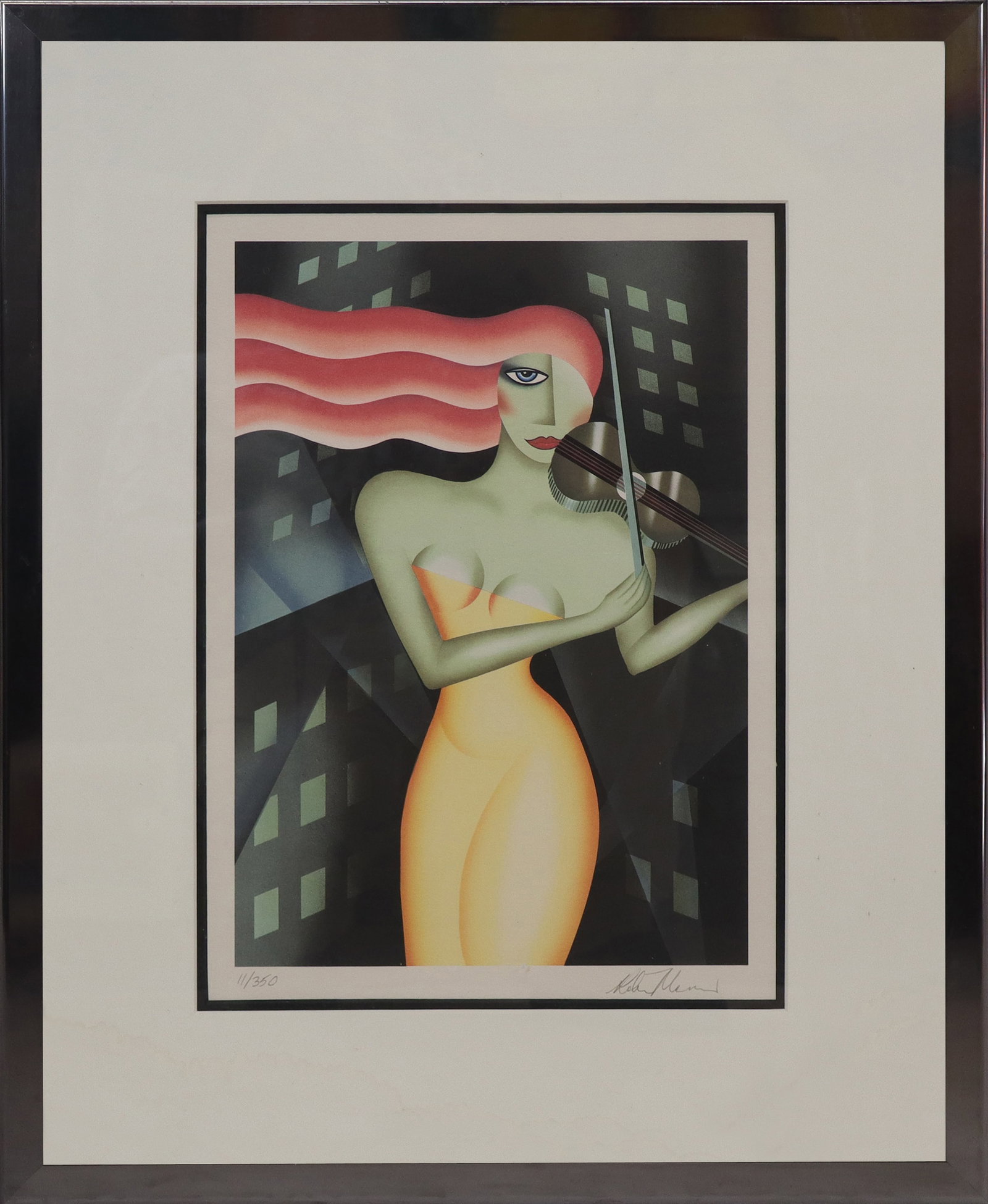Robin MORRIS Lithograph - Violin: Robin MORRIS (Amer. b. 1953) Lithograph Female violin player in yellow dress with pink hair. Signed lower right, 11/350. [14" x 10"; 22" x 18"]. Image fine condition, matting with water damage.
