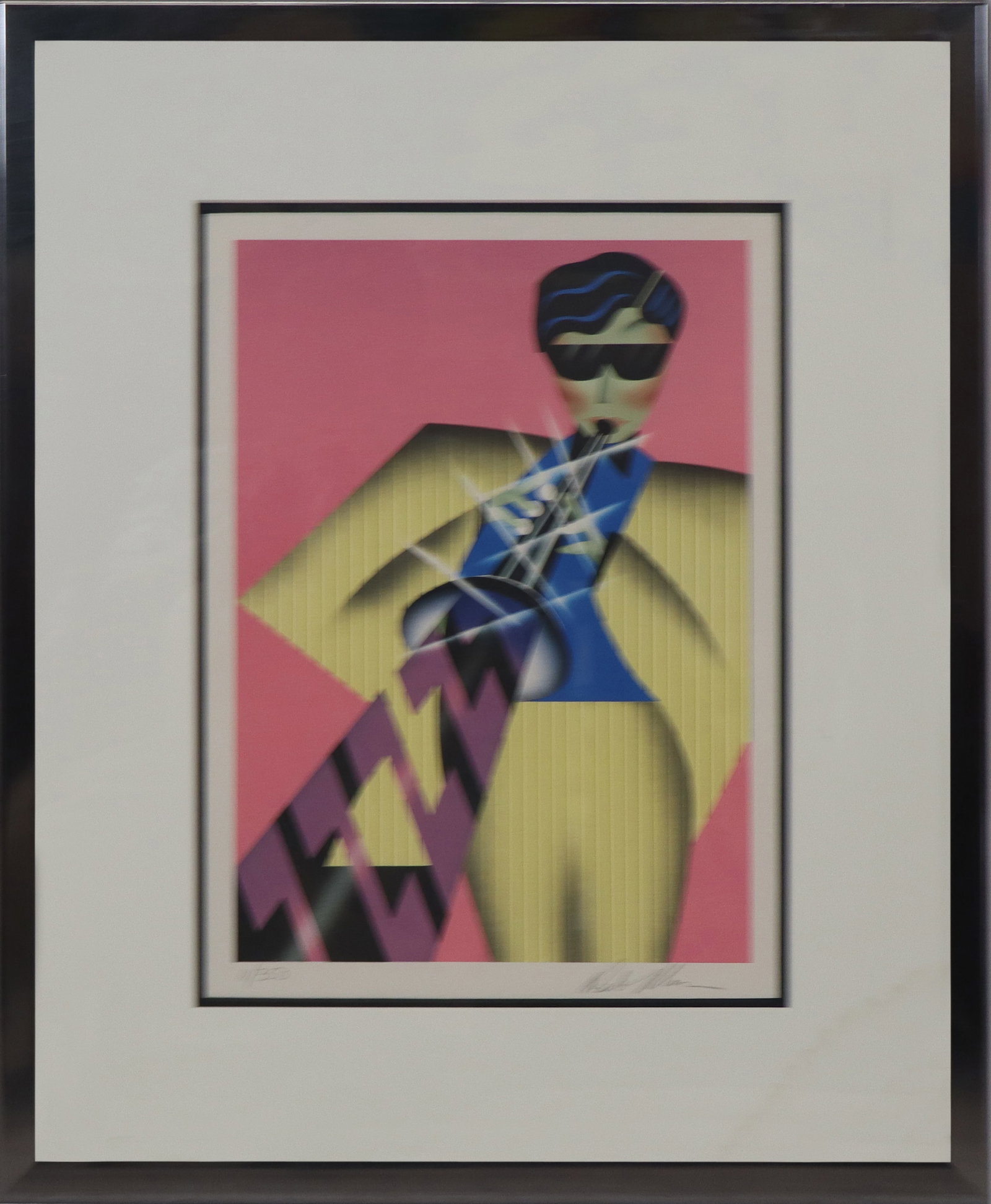 Robin MORRIS Lithograph - Jazzzz: Robin MORRIS (Amer. b. 1953) Lithograph, Jazzz player in striped suit, signed lower right, 11/350. [14" x 10" ; 22" x 18"]. Image in fine condition, matting with water damage.