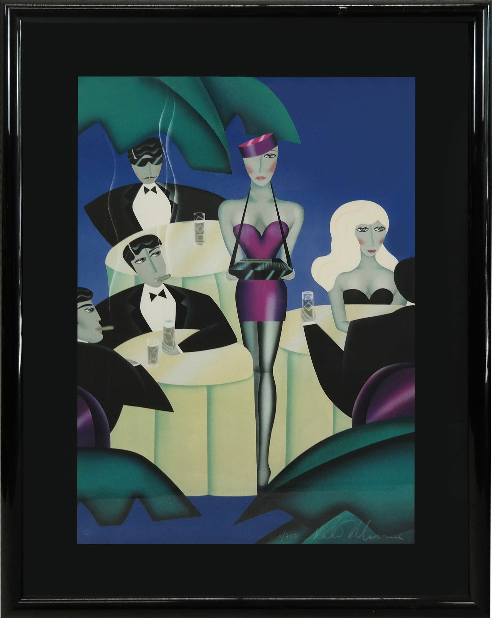 Robin MORRIS Lithograph - Nightclub: Robin MORRIS (Amer. b. 1953) Lithograph, Nightclub scene with cocktail waitress in purple dress. Signed lower right, 11/350, raised seal. [37" x 26"; 50" x 38"]. Fine condition, chips on frame.