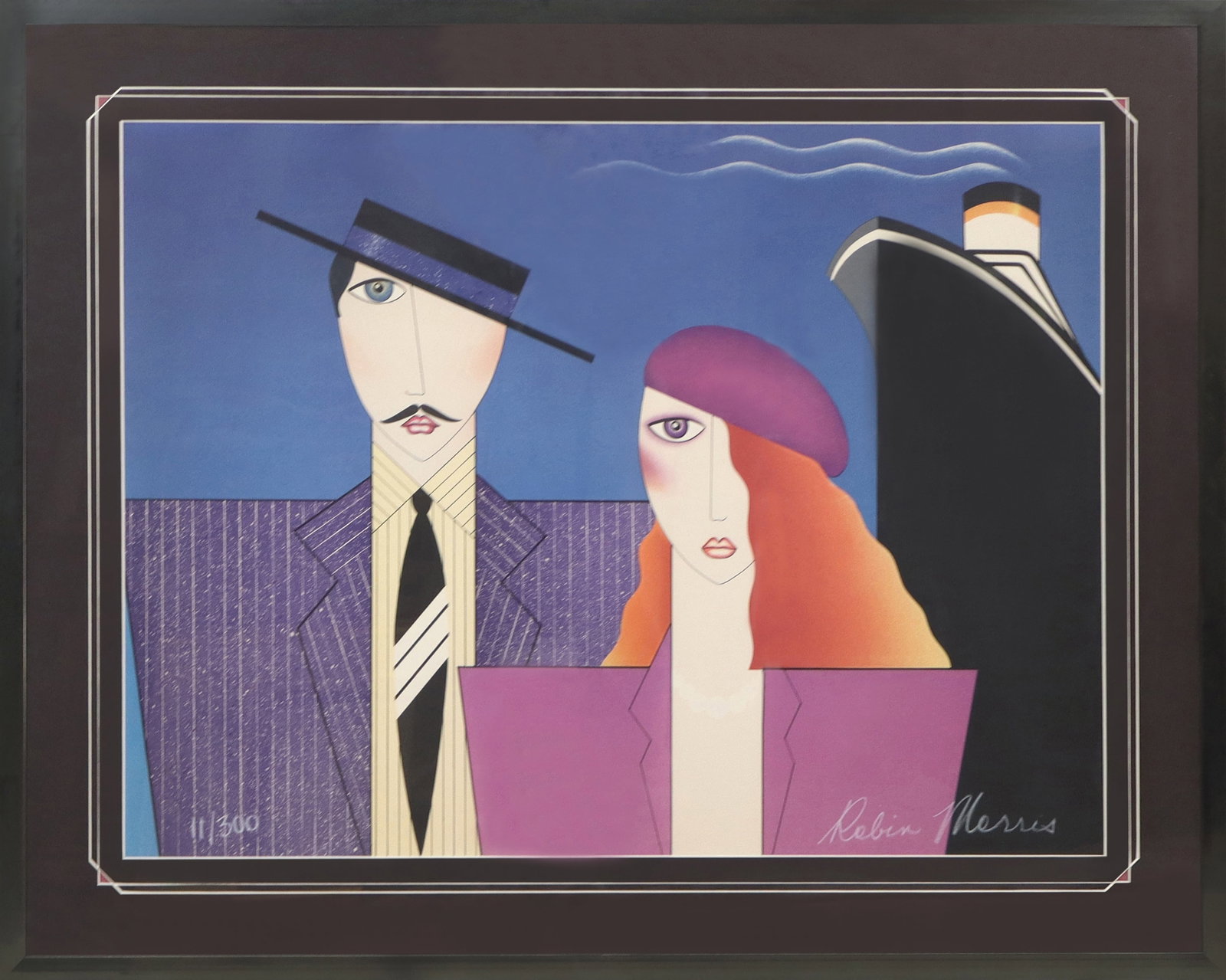 Robin MORRIS Lithograph - Fashion Travel: Robin Morris (Amer. b. 1953) Color lithograph of fashion travel theme, a couple and an ocean liner. Signed lower right, 11/300. [28.5" x 36" total]. Fine condition.