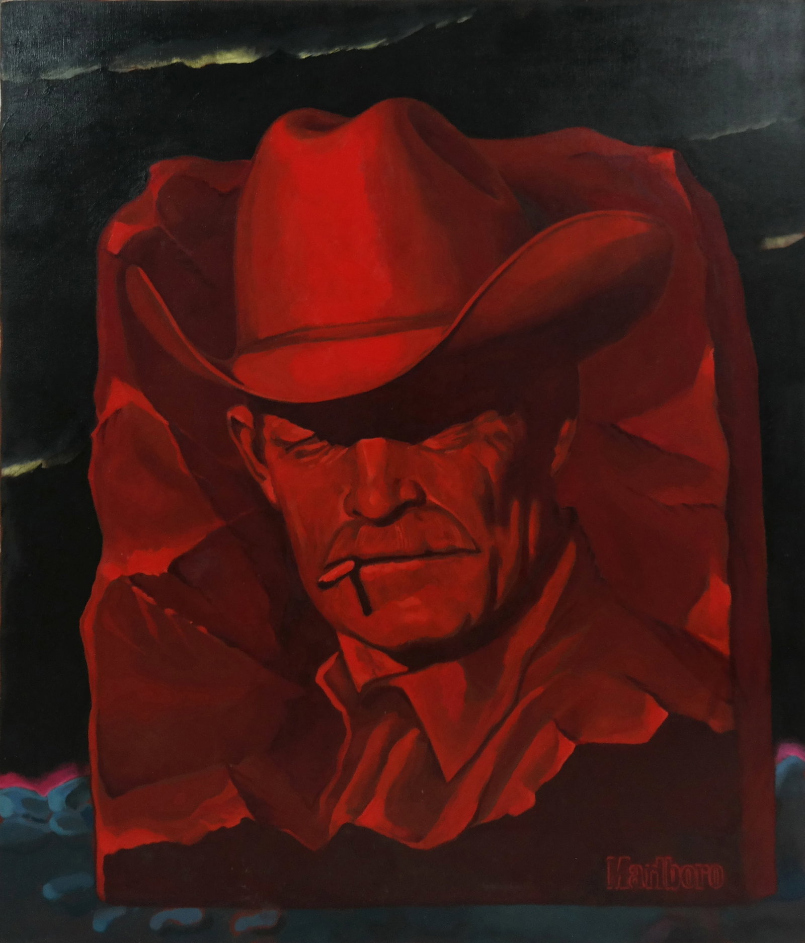 Alexander KOSOLAPOV "Marlboro Man" Oil on Canvas: Alexander KOSOLAPOV (Russian b. 1943) Large oil on canvas "Marlboro Man" in red with darkened sky background. Signed and dated 1986 on back. [40" x 34" unframed]. Good condition.