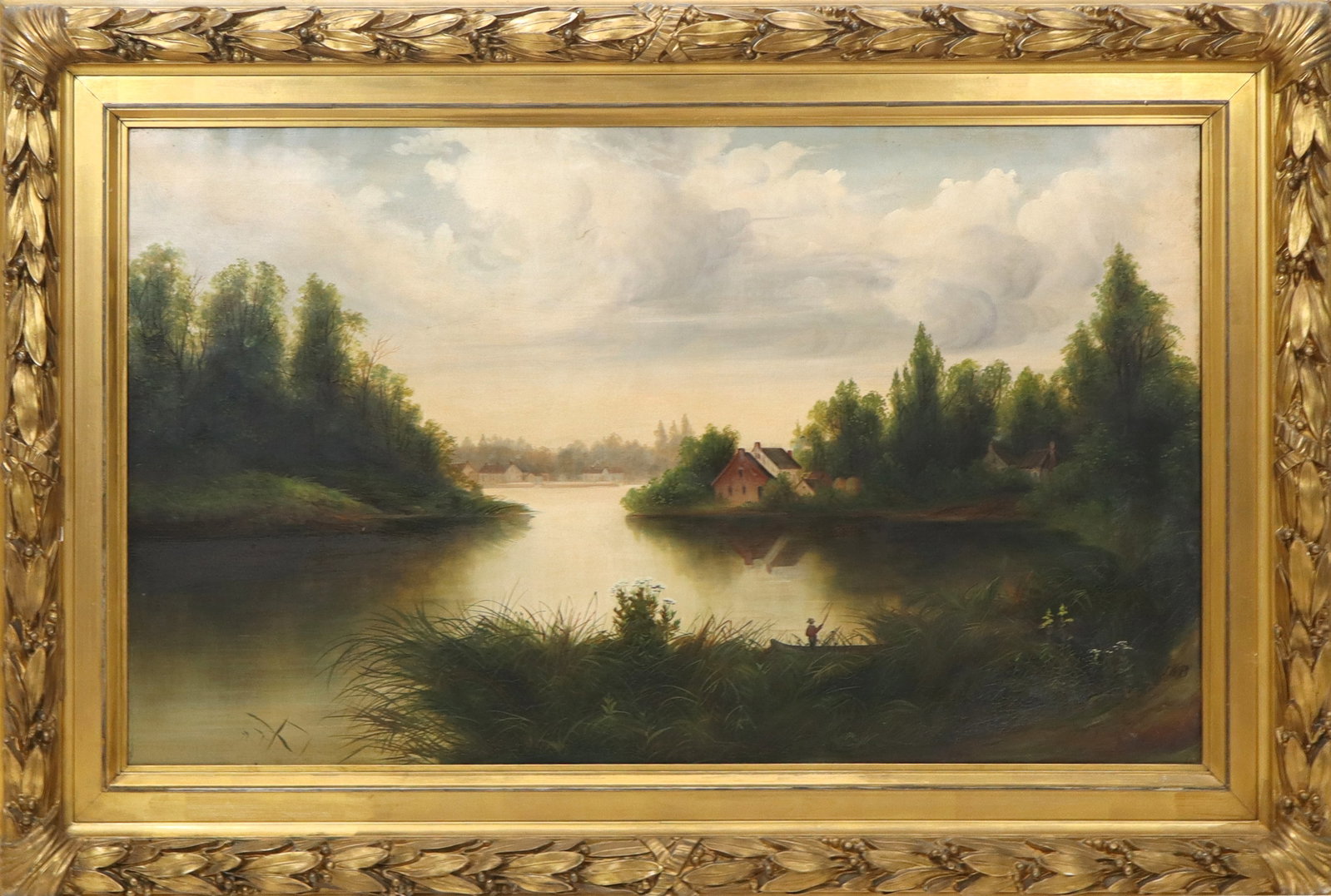 Initialed JHB Large Oil on Canvas: Initialed JHB Large Oil on canvas depicting a houses on a lake with a fisherman in a boat. Initialed lower right. In highly decorative vintage gilt frame. [25.5" x 43.5"; 36" x 54"]. Slight crackling 