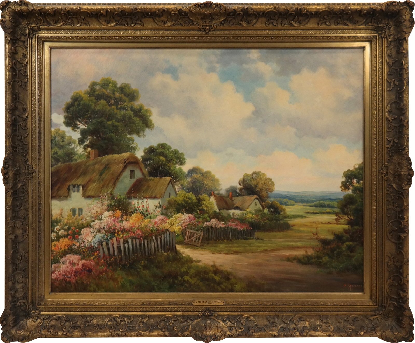 Augustus SPENCER (1860-1924) "A Midlands Cottage": Augustus SPENCER (1860-1924) "A Midlands Cottage" oil on canvas of 2 cottages in a landscape of rolling hills. Signed lower right. [30" x 38"; 41" x 50"]. Fine condition.