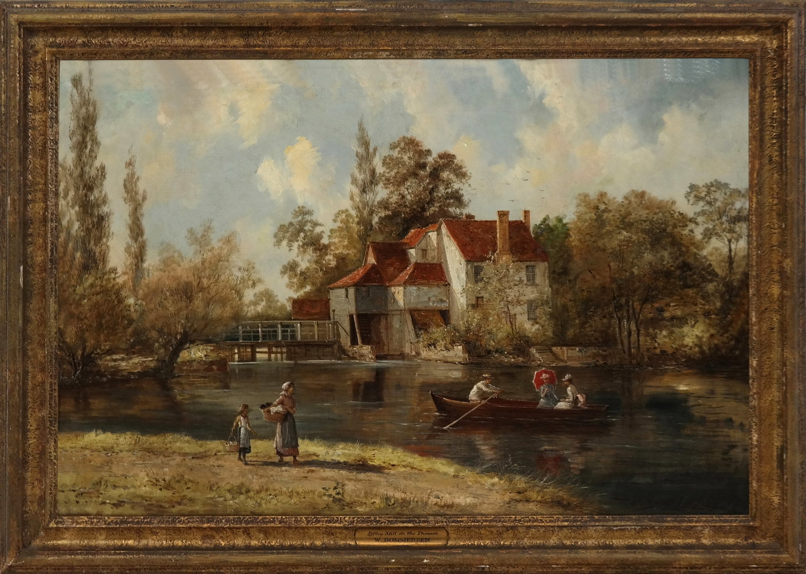 William DOMMERSON (Dutch 1850-1927) Oil Painting: William DOMMERSON (Dutch 1850-1927) "Iffley Mill on the Thames" oil on canvas of a home with mill, on river, with figures in boat and on shore. Signed lower right. Titled on back of canvas. [19" x 29"