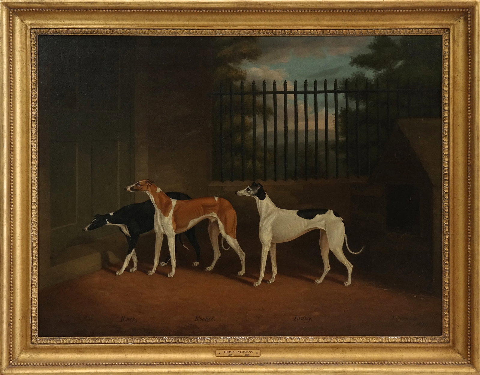 Thomas YEOMANS (British 1805-1860) Oil on Canvas: Thomas YEOMANS (British 1805 - 1860), oil on canvas study of 3 hounds in yard. "Rose, Rocket & Fanny". Signed lower right and dated 1825. [20" x 27"; 25" x 32"]. Good condition, slight crackling comme