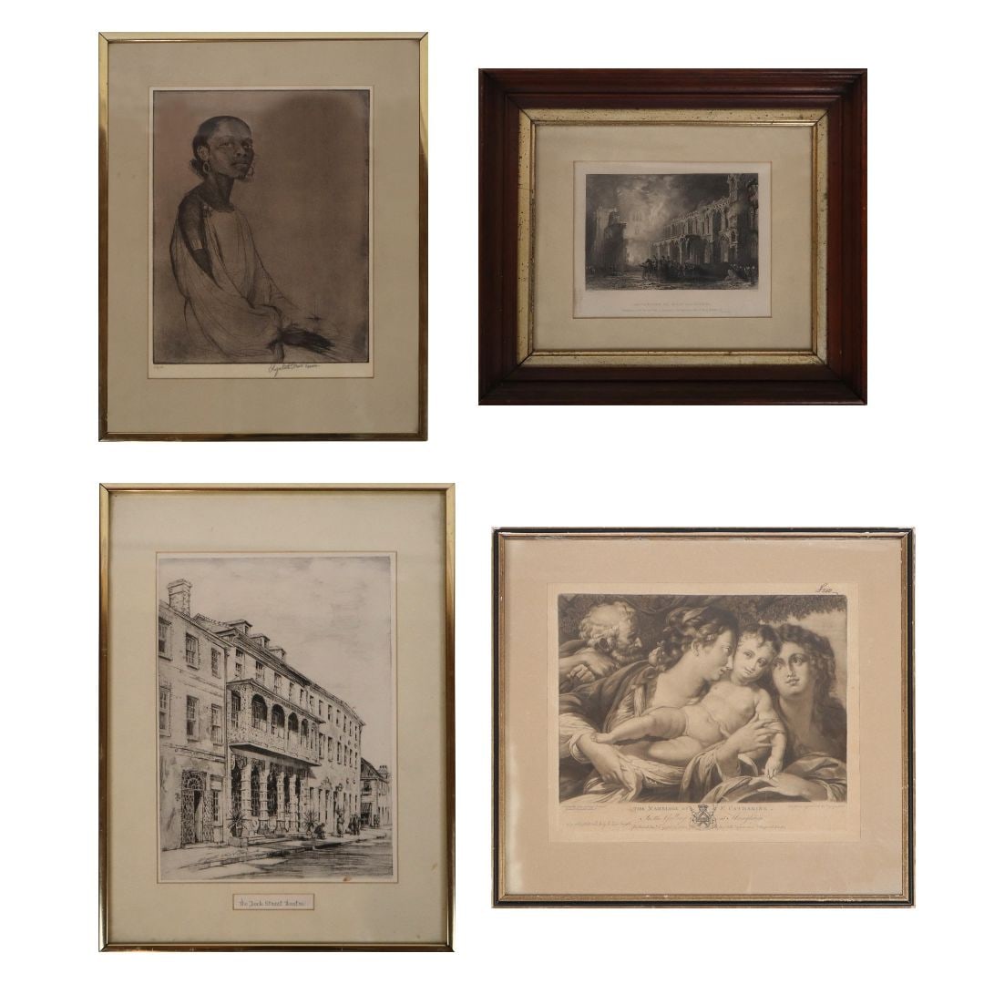 Four Assorted Engravings: Four assorted etchings, comprising an etching after The Marriage of Saint Catharine, published 1775 by John Boydell Engravers with title and description to lower, and later inscribed price at upper ri