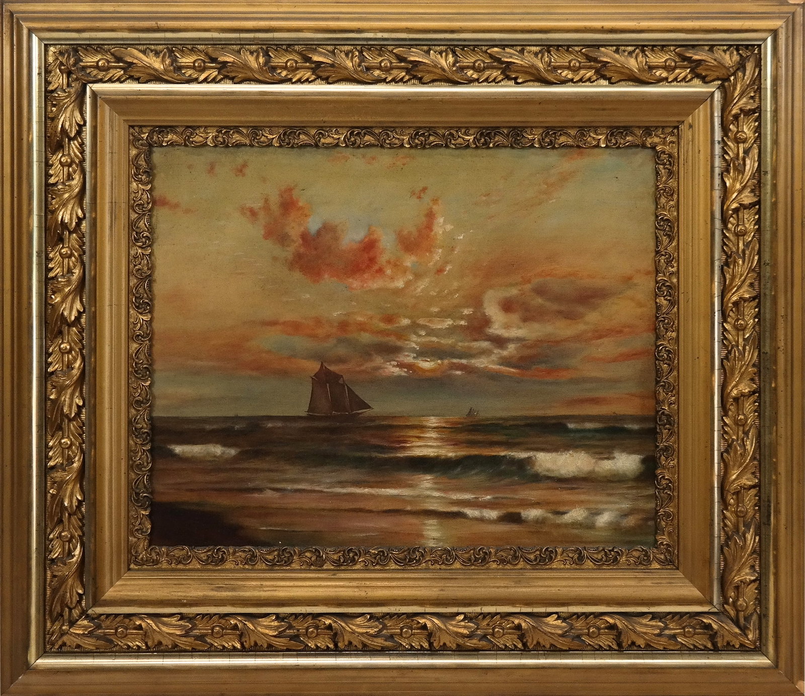 Unsigned Oil on Canvasboard - Seascape: Unsigned oil on canvasboard of a seascape with schooner, at dusk as viewed from the shore. [15" x 19"; 27" x 31"]. Good condition, chips on frame.