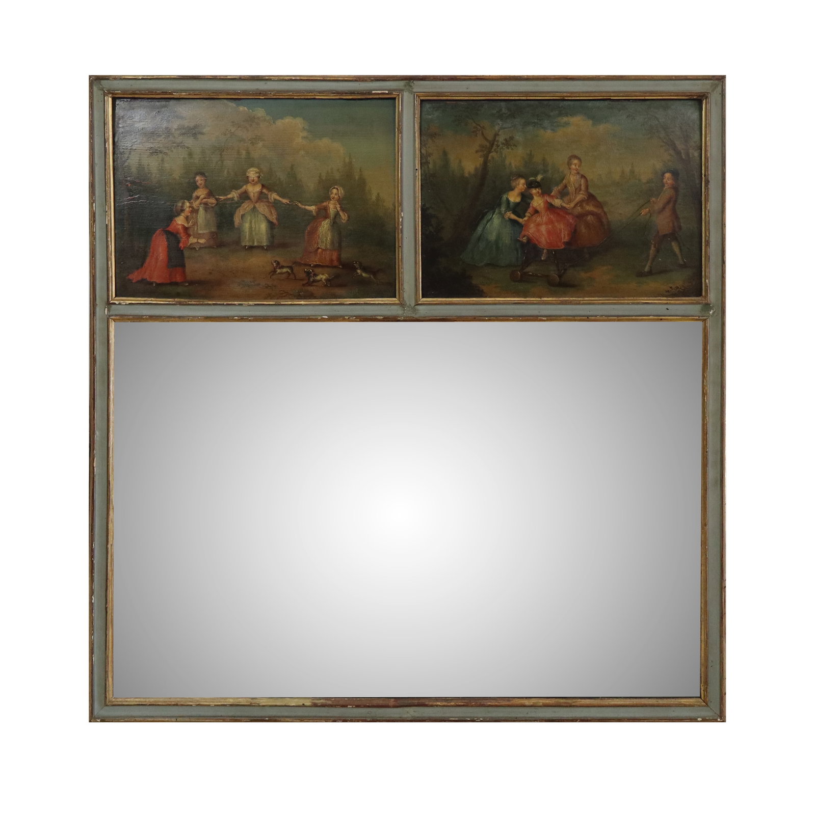 Antique French Painted and Gilt Trumeau: Antique French painted and gilt trumeau with 2 inset oil paintings on top panel of families playing, over a plate glass mirror in painted and gilt frame with old wood backings. 38"H x 36"W. Chips to p
