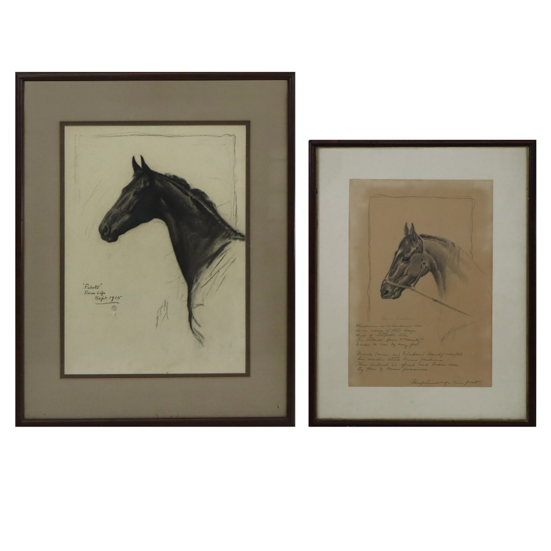 George Ford MORRIS, 2 Drawings: George Ford MORRIS (Am. 1873-1960) 2 Drawings of horses. Graphite of "Baron Dickam" with notations and Kennedy Galleries NY Label; Charcoal of "Pibeto" dated 1915. [Larger 19" x 13"; 27" x 21"]. Good 