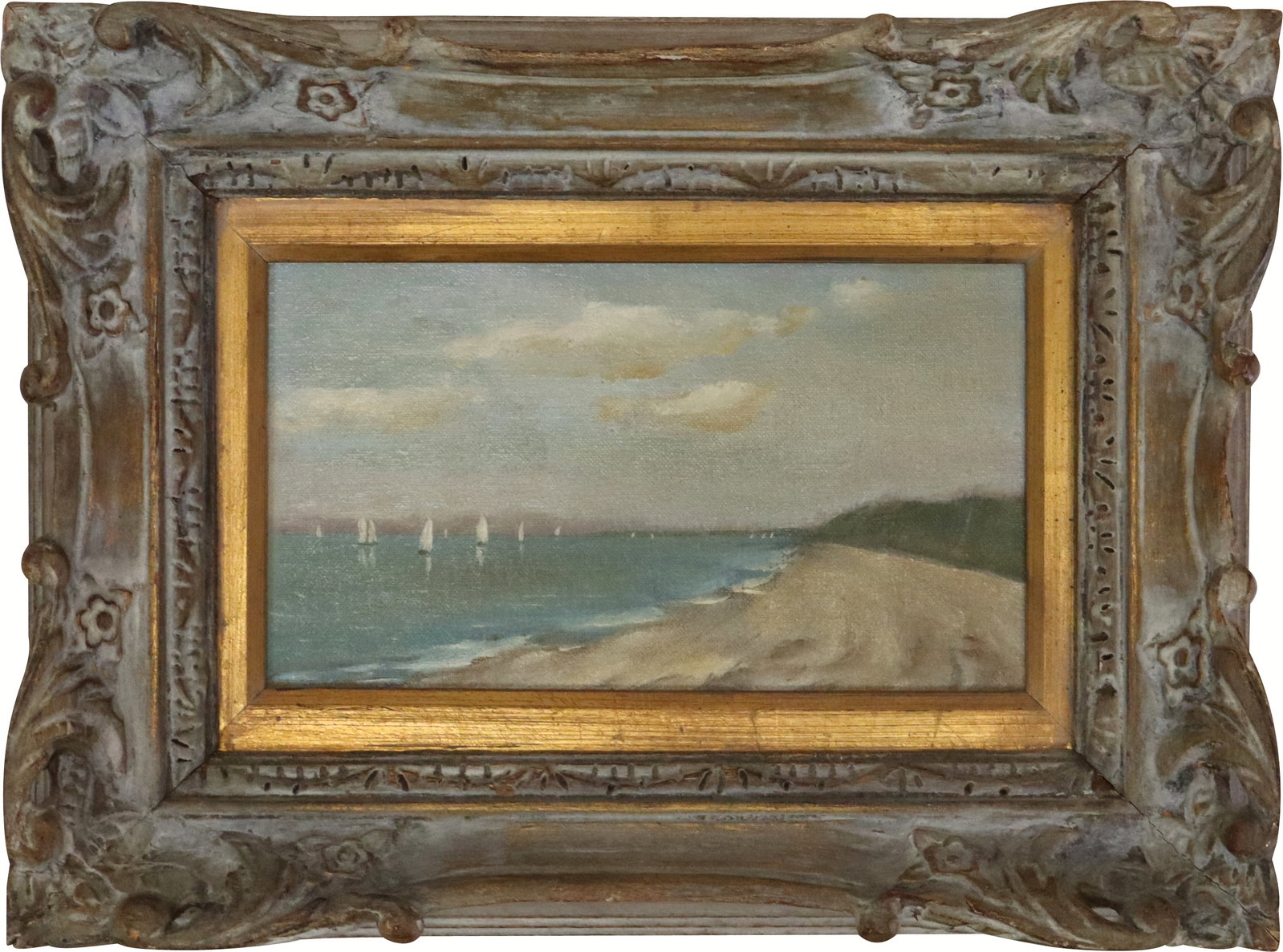 B. M. KREMITSKE Oil on Canvas Board: B. M. KREMITSKE (20th cent) Oil on canvas board "Eaton's Neck", a beach shoreline with sailboats, signed and titled on backing. [5" x 9"; 11" x 15"]. Fine condition.