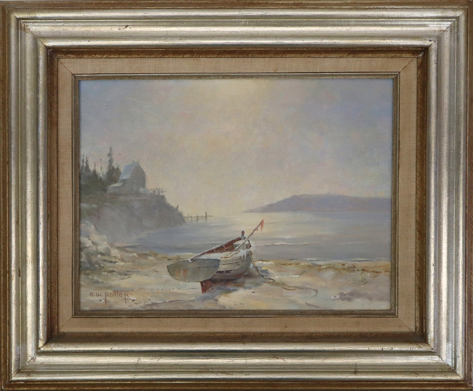 Ellis W. POTTER "Beached" Oil on Canvasboard: Ellis W. Potter "Beached" Oil on canvas of a rowboat on beach in a town bay. Signed lower left and labeled on back. [12" x 15"; 20" x 24"]. Fine condition.