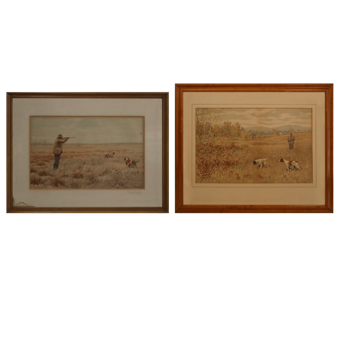 A. B. FROST - 2 Hunting Prints: Arthur Burdett Frost (1851-1928) - 2 Hunting prints, in color. On bearing signature in pencil on matting and bearing "The Old Print Shop" NYC label. [12" x 19"; 22" x 26"]. Foxing, stain, and small te