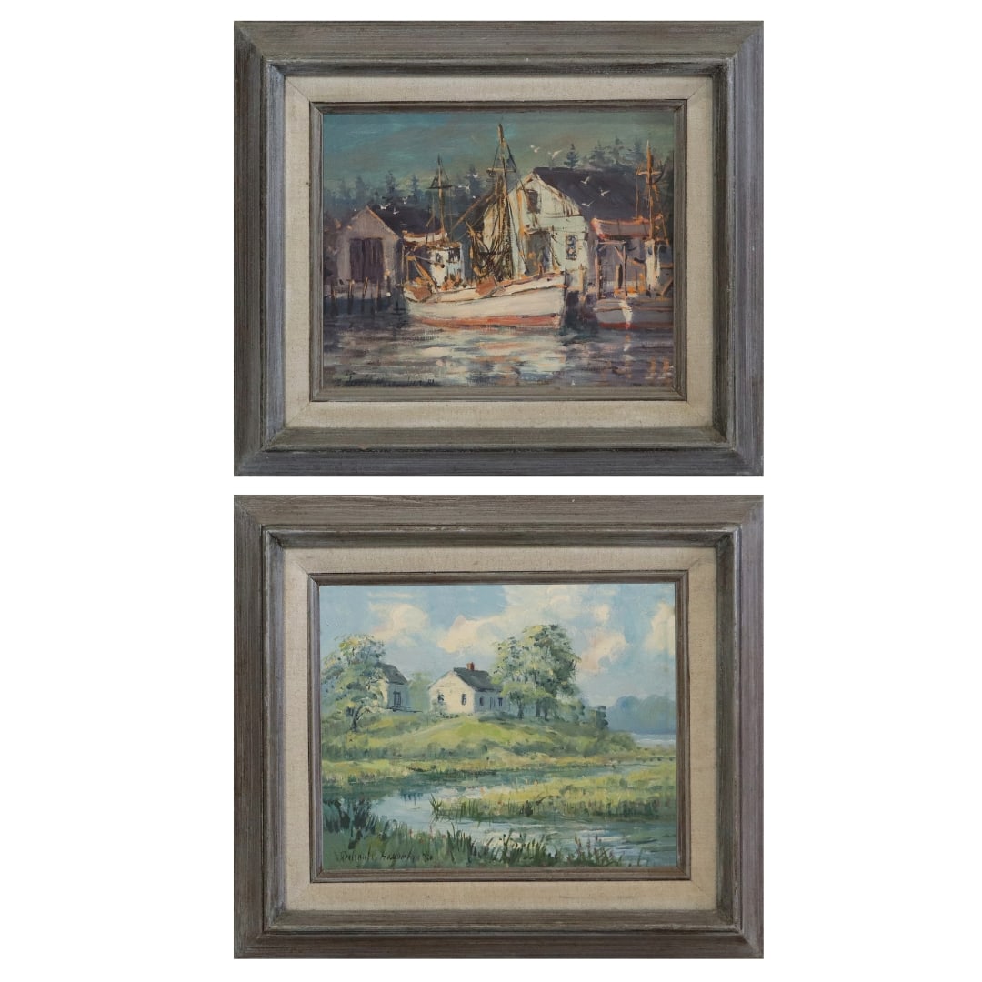 Richard HASENFUS, Two Oil Paintings: Richard HASENFUS (Amer. 1932-2019) 2 oils on boards of New England scenes. "Spinney Mill Farm" A house in greens by a brook, '75. "Fishing Dragger" dock scene with fishing boat, '81.Both signed and da