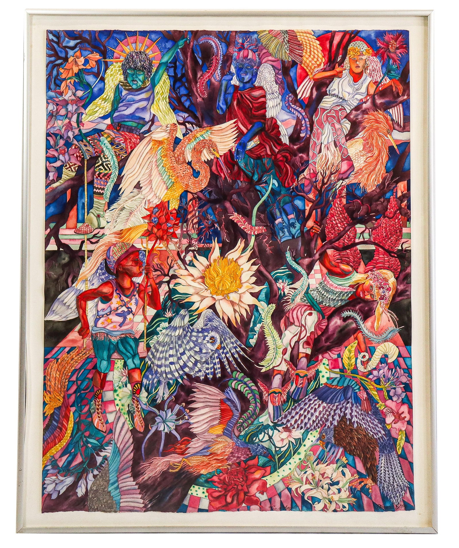 Donna ESSIG "Tree of Angels" Watercolor: Donna Essig (American, 20th century) "Tree of Angels" watercolor on paper, 1987, titled and signed Donna Essig with date to lower, in a frame. [Framed: 49" H x 40.25" W]. Condition is good with natura