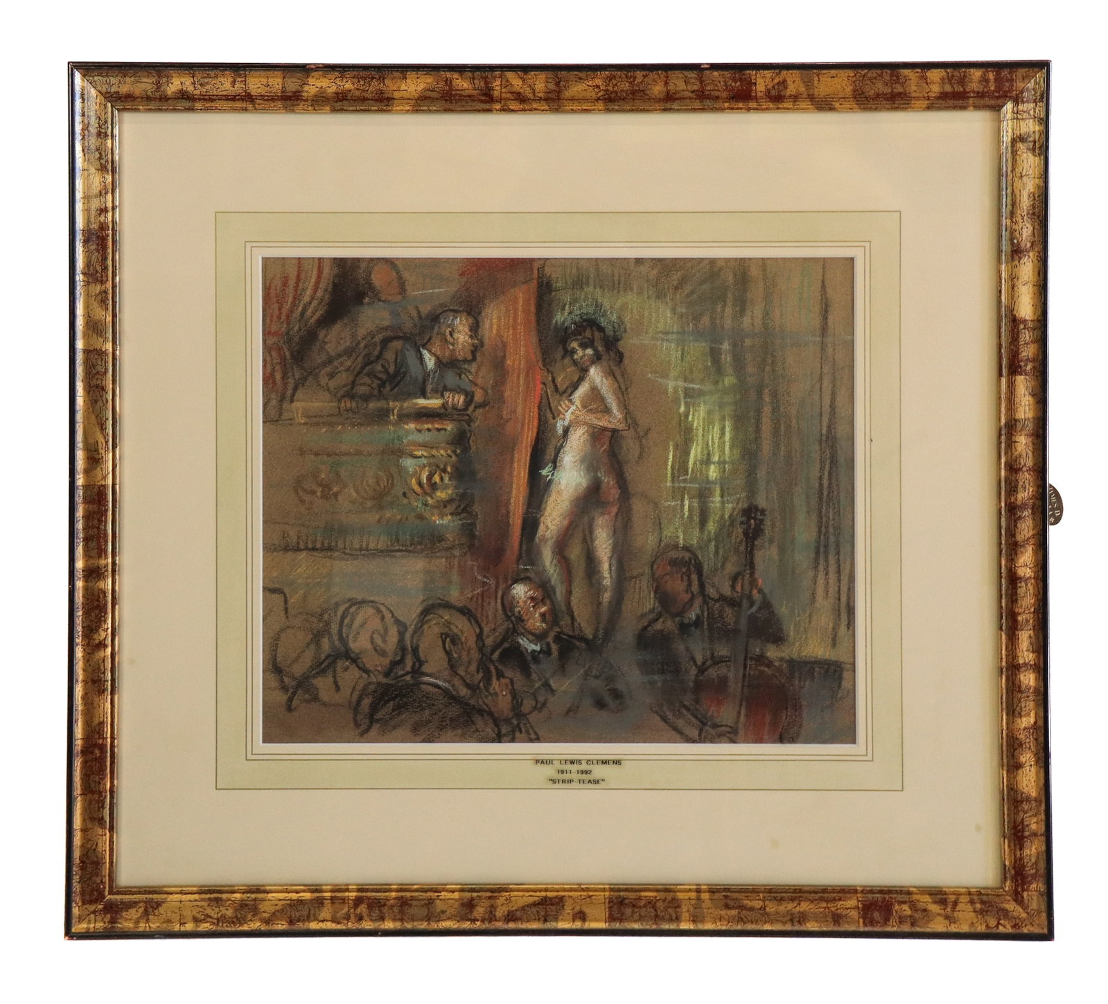 Paul Lewis CLEMENS "Striptease" Pastel on Paper: Paul Lewis Clemens (American, 1911-1992) "Strip Tease" pastel on paper, signed Clemens in graphite to lower right of work, in a frame, with affixed Walker Gallery label and Andover Gallery label to ve