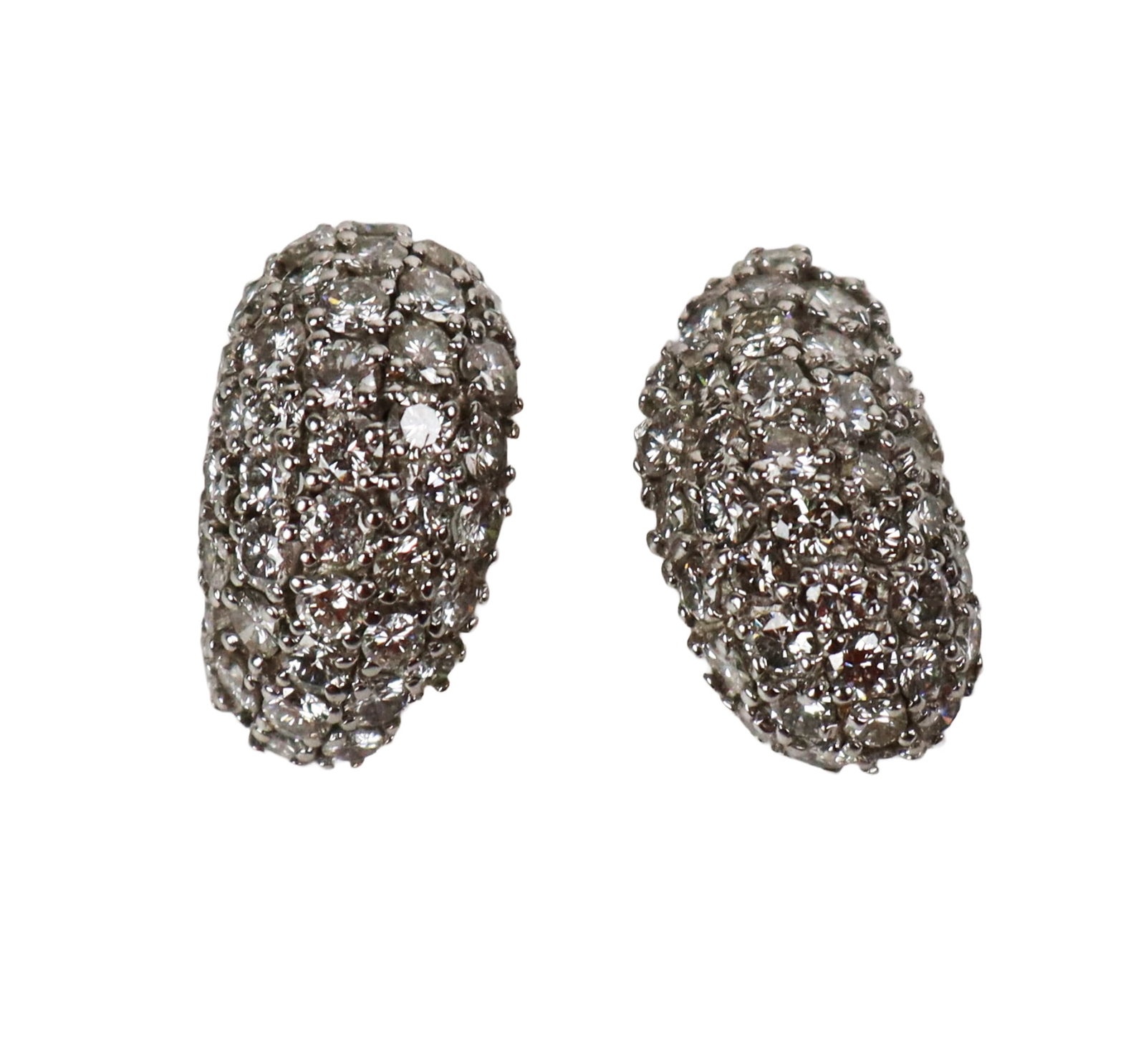 Van Cleef & Arpels Pair of Diamond Ear Clips: Van Cleef & Arpels pair of pace-set diamond earrings, mounted in platinum, set with approximately 84 round brilliant-cut diamonds, total approximately 5.80 carats, each earring back signed VCA NY 3685