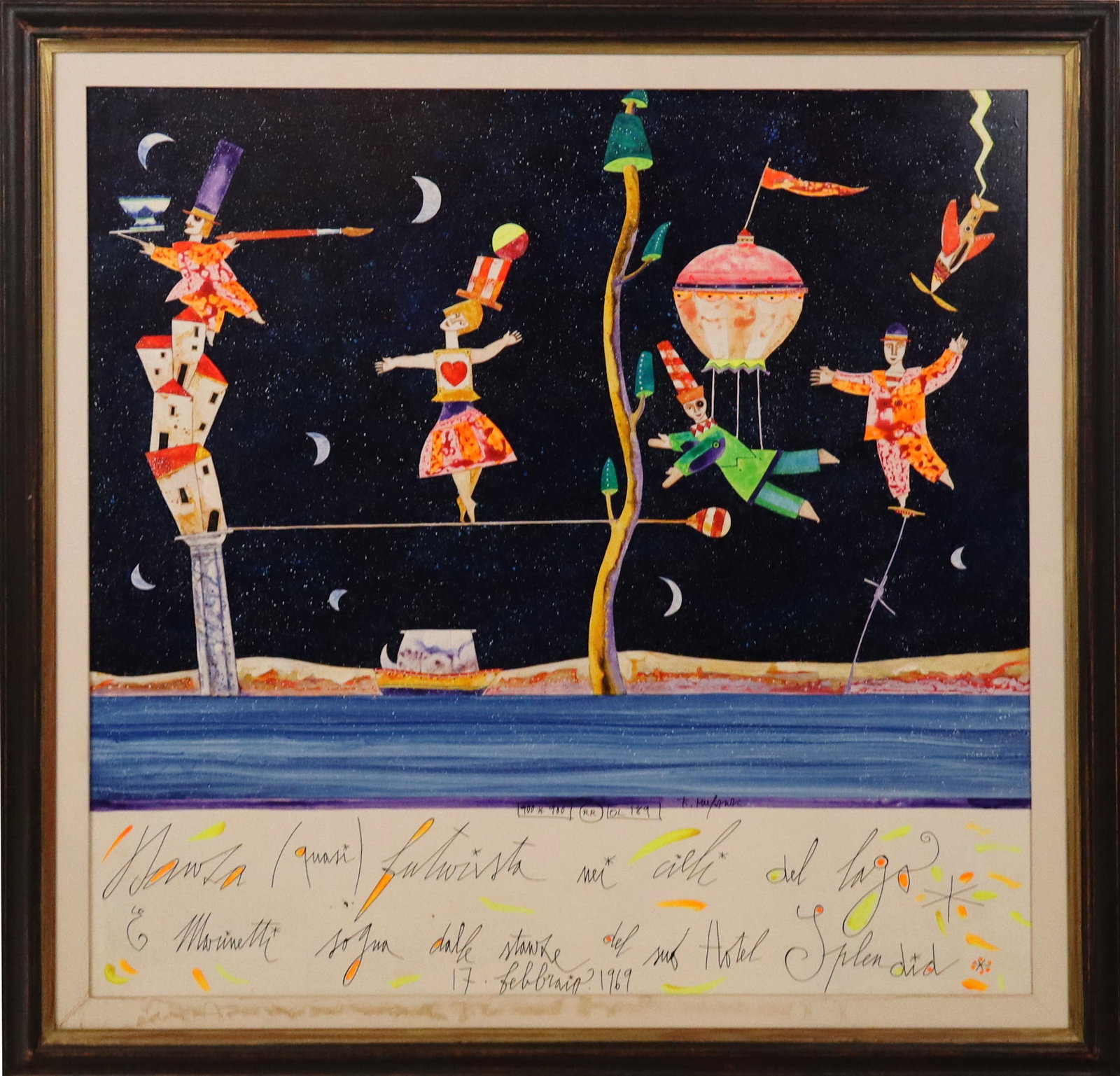 Francesco MUSANTE Surrealist Acrylic on Panel: Francesco Musante (Italian, b. 1950) surrealist acrylic on panel with figures, signed F. Musante to center, over an inscription at lower, in a frame. [42" H x 41.5" W]. Condition is good.
