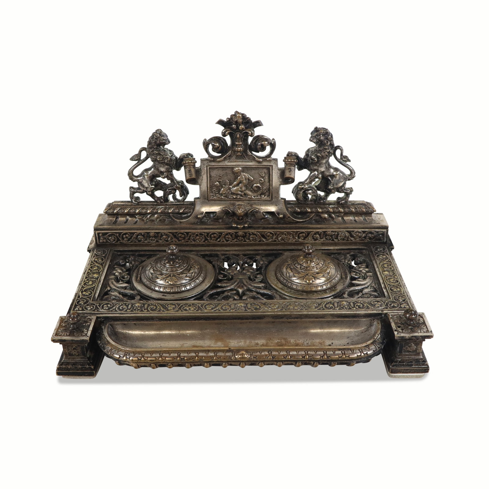 Renaissance Revival Silvered Bronze Inkwell (1 of 11)