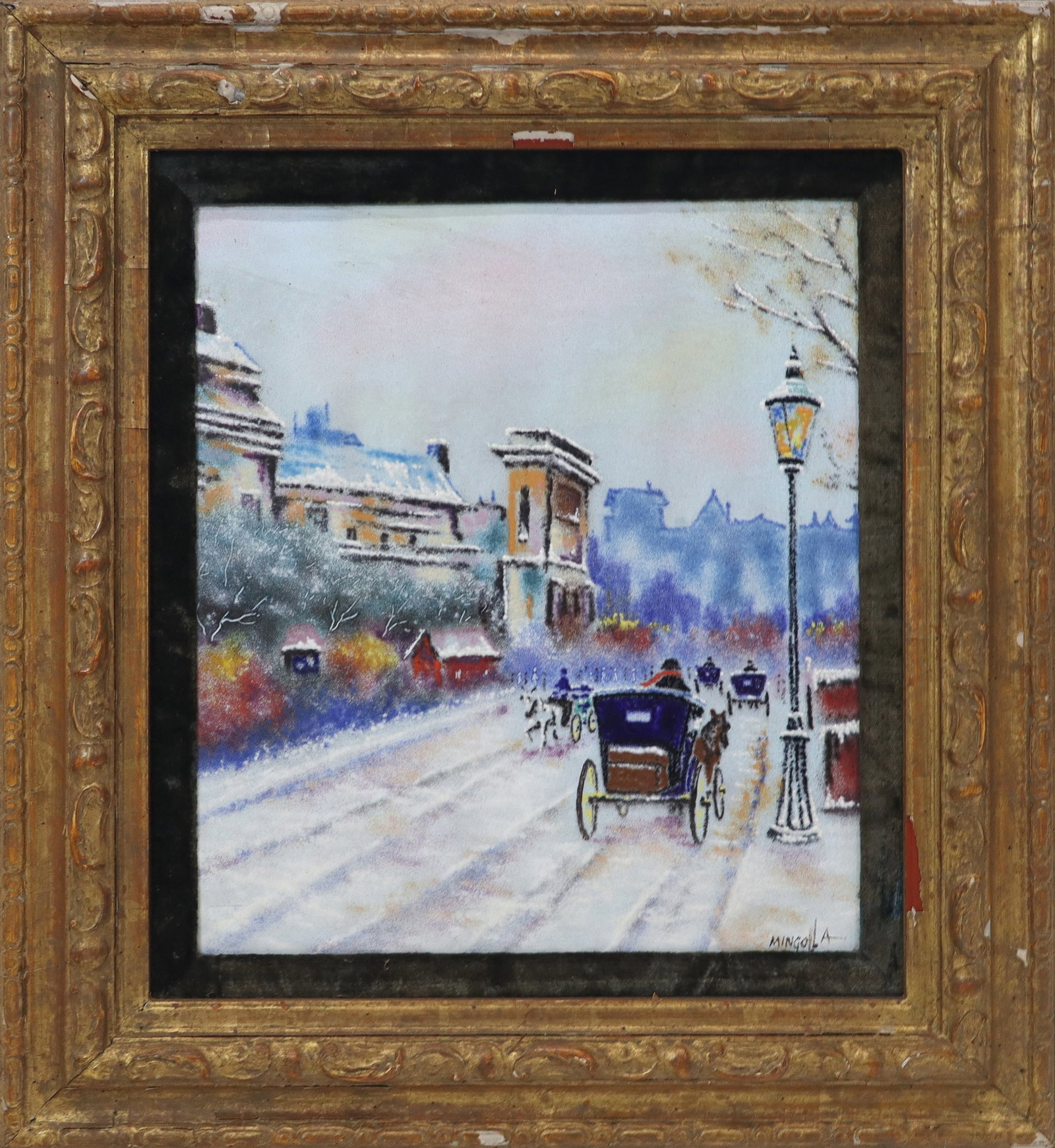 MINGOLA, French Enamel on copper: Signed Mingola, French enamel on copper of a Paris street scene with horse and carriages. Signed lower right. [15" x 13"; 23" x 21"]. Fine condition, frame chipped