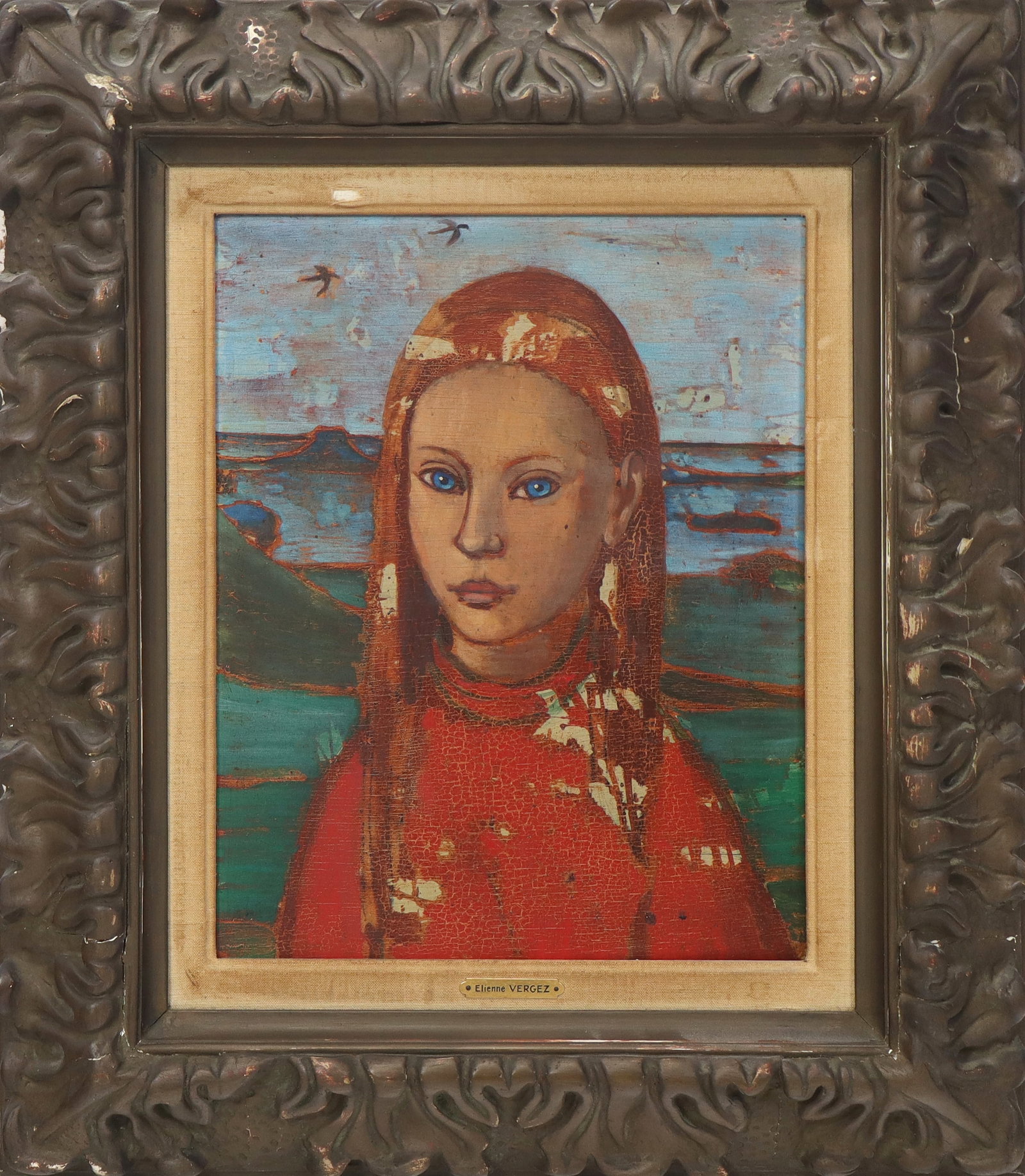 Elienne VERGEZ - Oil on board: Elienne VERGEZ (Unknown), oil on board, portrait of a young woman, by shore with birds, and blue eyes. Unsigned. [13.5" x 11"; 22" x 19"]. Paint loss as shown, crack in heavy molded frame.