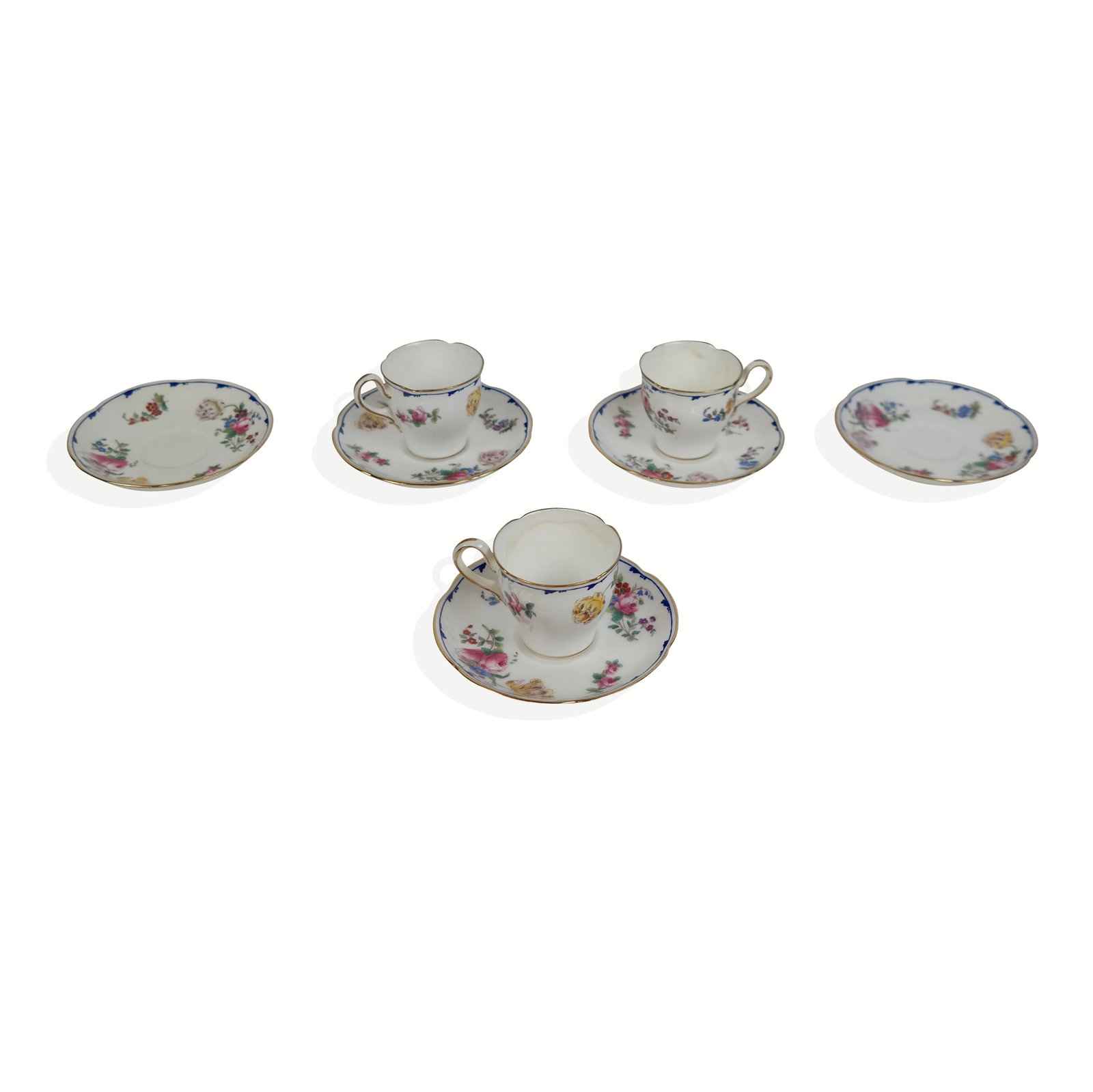 Mintons Porcelain Partial Demitasse Service, 8: Mintons partial demitasse service, with 1912-50 marks, and hand-painted floral decoration and gilt edges comprising three demitasse cups and five saucers. [Cup with saucer: 3" H x 4.5" Diameter]. Cond