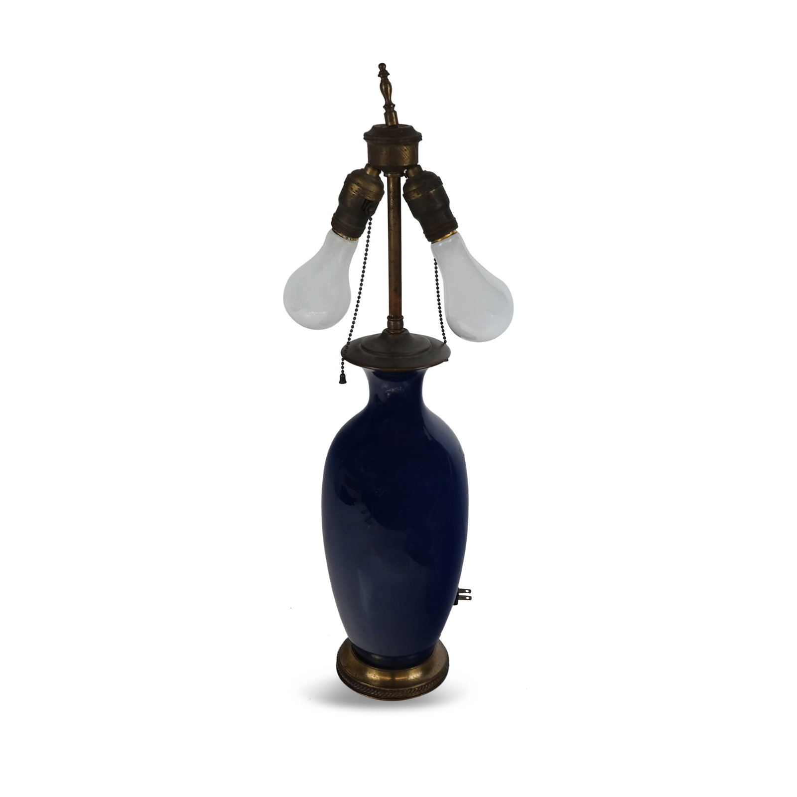 Chinese Cobalt Blue Vase as a Lamp: Chinese cobalt blue vase as a lamp, 20th century, with gilt metal mount and two lights. [To lip: 15" H x 6" Diameter]. Condition is good with wear to metal mounting; wiring untested.