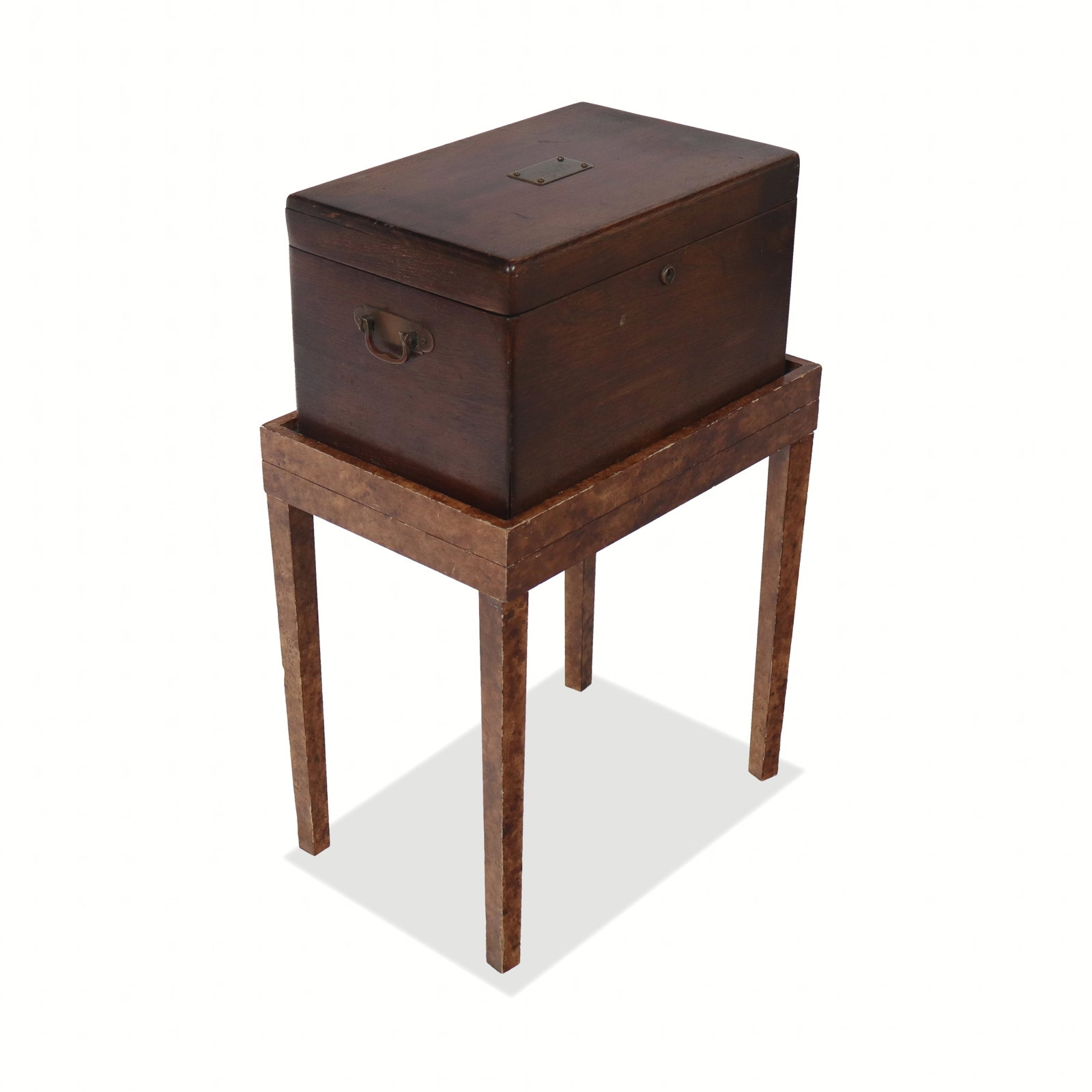 Humidor on a Faux Burlwood Stand: Humidor with a monogrammed brass cartouche to upper and metal lining, on a later burlwood vitrine table. [Table: 16" H x 15" W x 10" D]. Condition as-is.