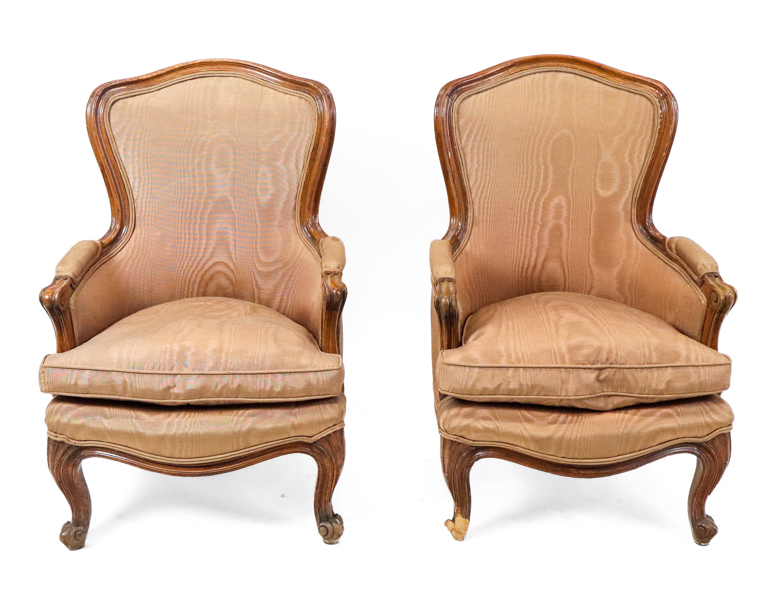 Pair Diminutive French Bergeres: Pair diminutive French bergeres, carved fruitwood with pad arms, down upholstered pad cushion seats. [31" H x 20" W x 22" D]. Good condition, slight stains and wear to upholstery. LOCATED AT 150
